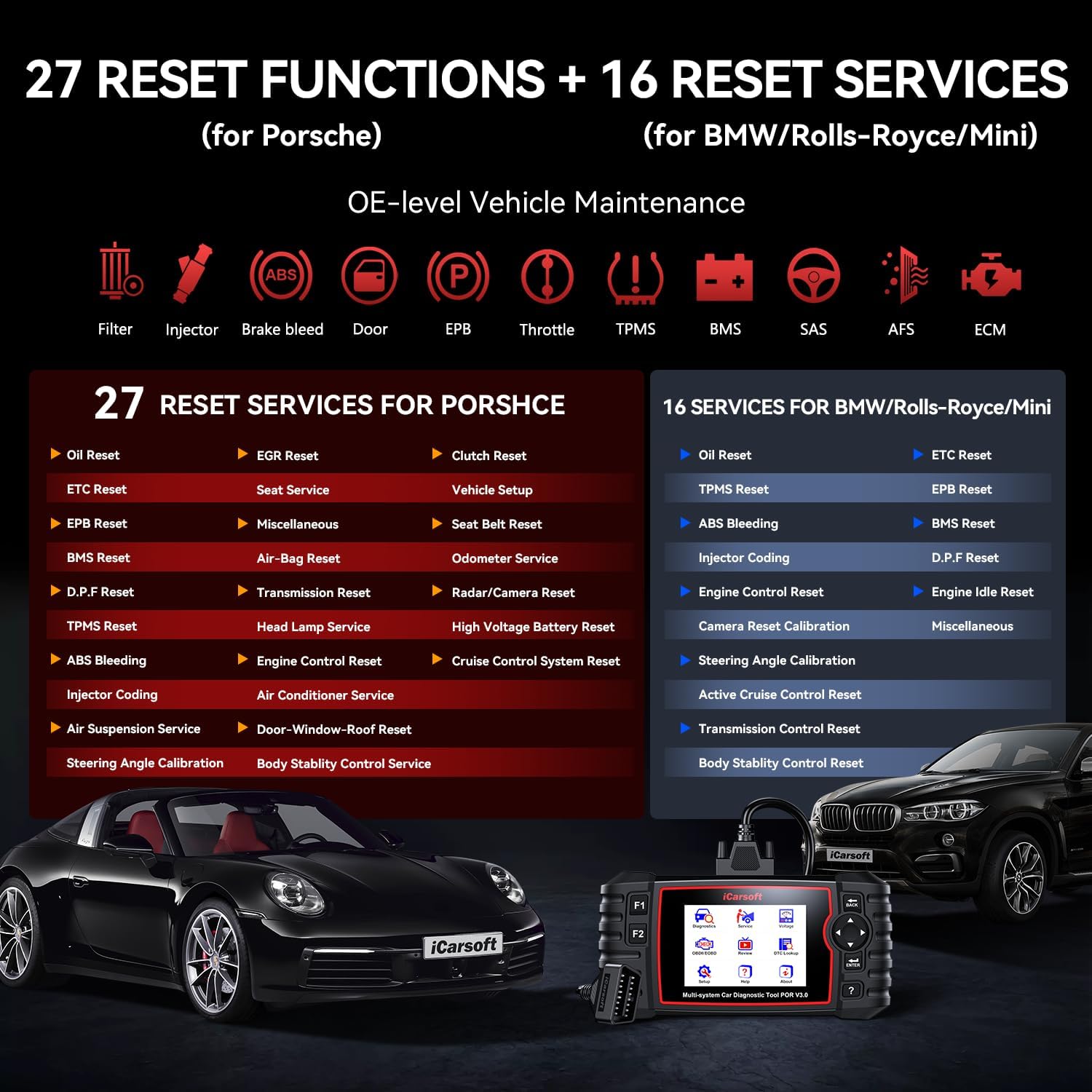 Bidirectional Diagnostic Tool for Porsche/BMW, iCarsoft POR V3.0 (Enhanced Ver) All System 12 Calibration+ 27 Reset Servics OBD2 Scanner Code Reader for Porsche,16 Reset +ECU Coding for BMW, Auto VIN