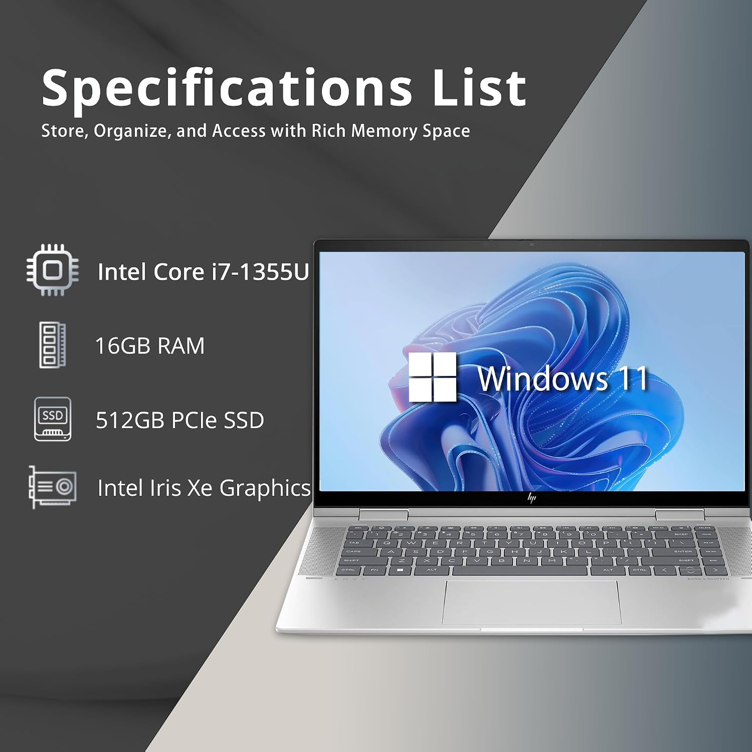 HP Envy x360 15.6" FHD Touch 2-in-1 Laptop, Intel i7-1355U, 16GB LPDDR5, 512GB SSD, Intel Iris Xe Graphics, Backlit Keyboard, Wide Vision 5MP IR Camera, Wi-Fi 6E, Win 11, Silver, 32GB USB Card