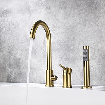 Bathtub Faucet, High Flow Tub Filler Faucet, 3 Holes Deck Mount Widespread Bathroom Faucet, Single Handle Mixer Tap with Handheld Shower and Tub Spout, Bath Tub Faucet Set, Brass, Brushed Go