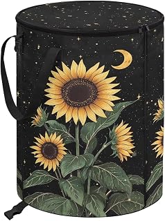 ZOUTAIRONG Floral Outdoor Trash Bin Collapsible Reusable Yard Waste Bags with Lid Sunflower Moon Portable Garbage Bags for Collecting Weeds, Grass Clippings