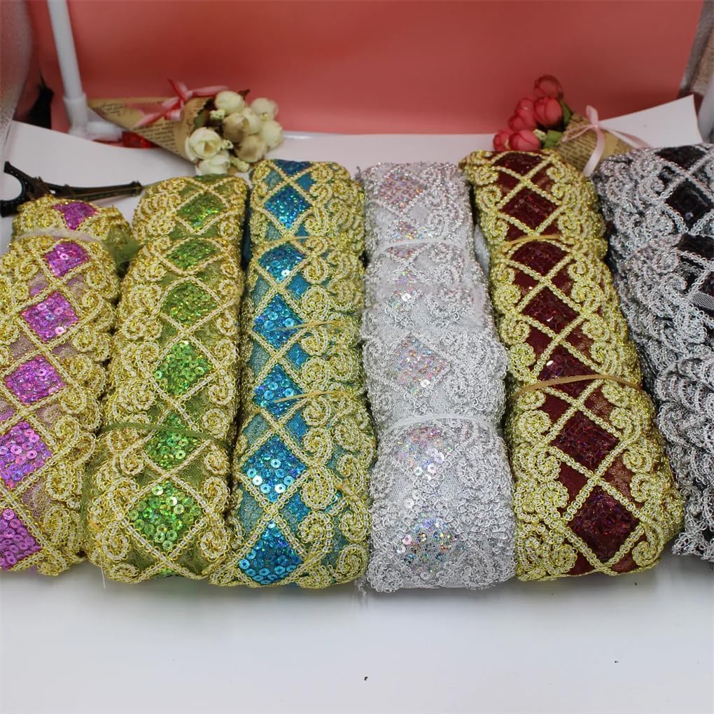9 Yard Gold Embroidered Lace Appliques Sequined Lace Ribbon Bands Sewing Apparel Trims Sequin Belt Squared Floral 2''