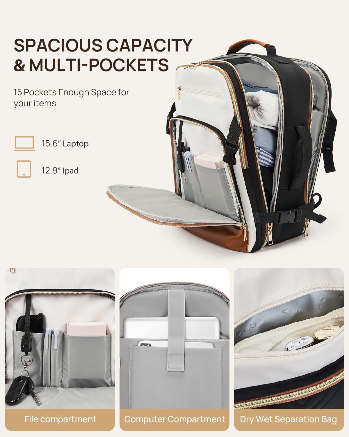 Telena Travel Backpack for Women, 15.6 inch Laptop Backpack TSA Carry on Backpack Personal Item Size Flight Approved Travel Bag Daypack with Multi-Pockets for Work, Travel, Business, Black-Beige-Brown