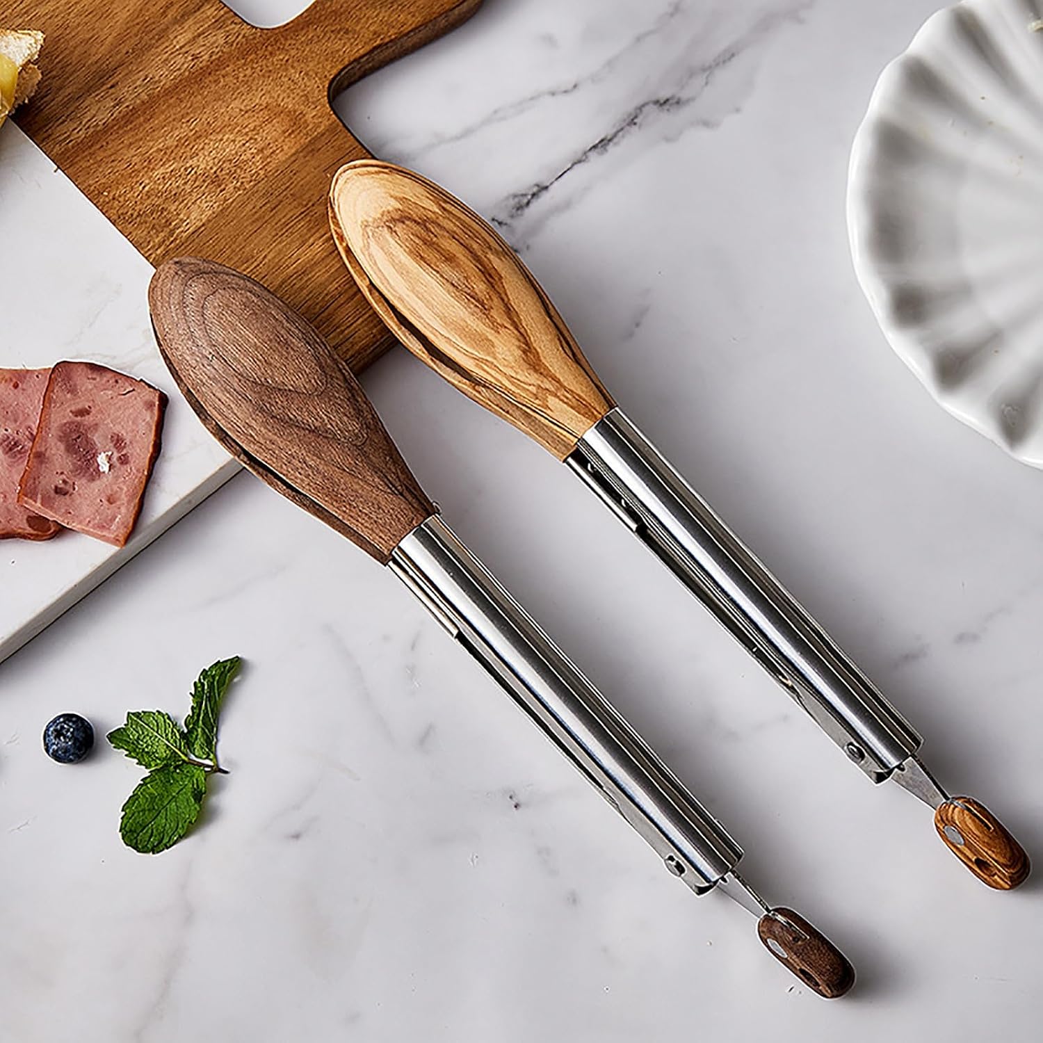 Serving Tongs Barbecue Tongs Baking Bread Food Tongs Stainless Steel Wooden Food Tongs(Light)