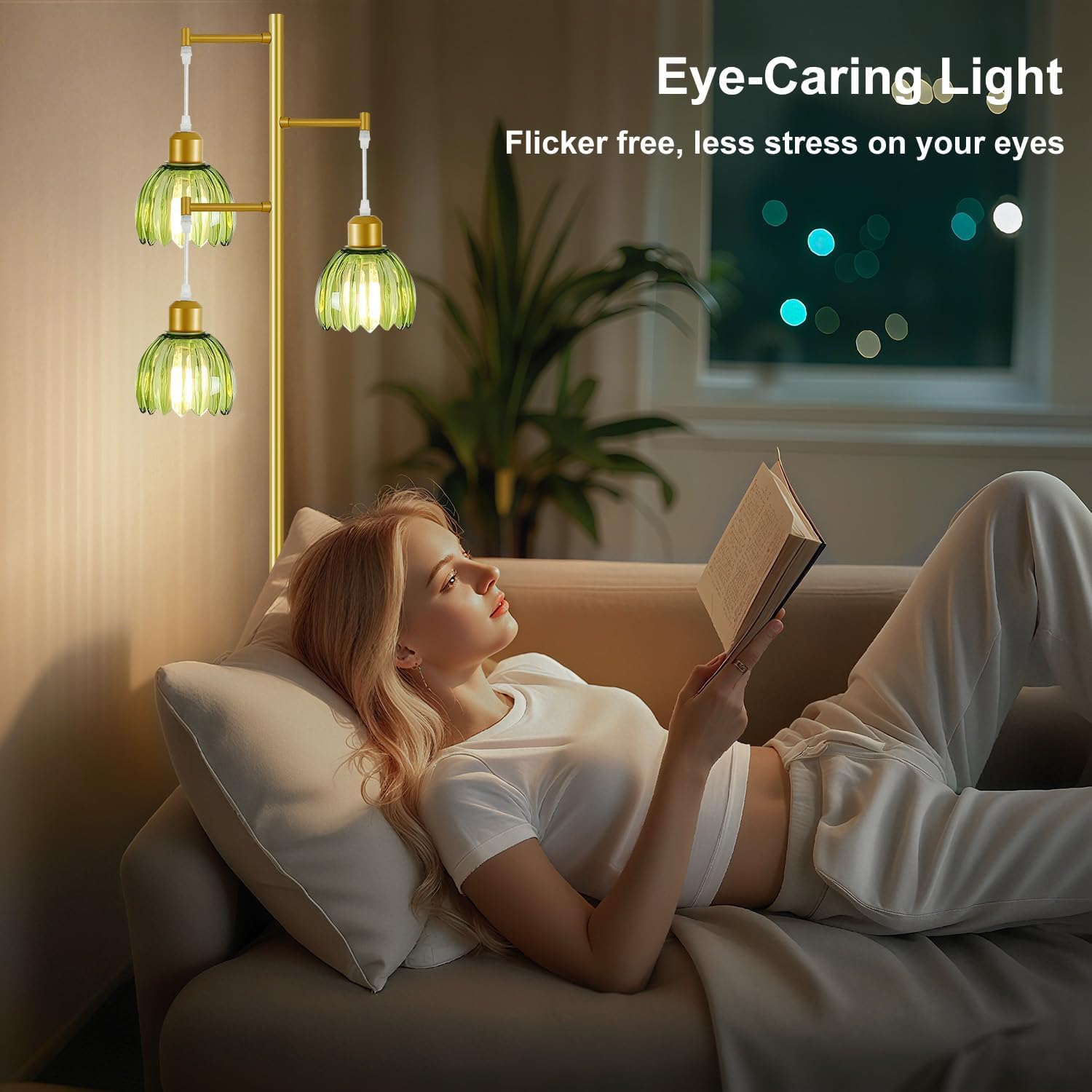 3 Light Flower Floor Lamps for Living Room,Modern Tree Floor Lamp with Foot Switch,Gold Floor Lamp with Glass Shade Vintage,Retro Standing Lamp Includes 3 Bulbs,Boho Tall Lamp for Bedroom Deco