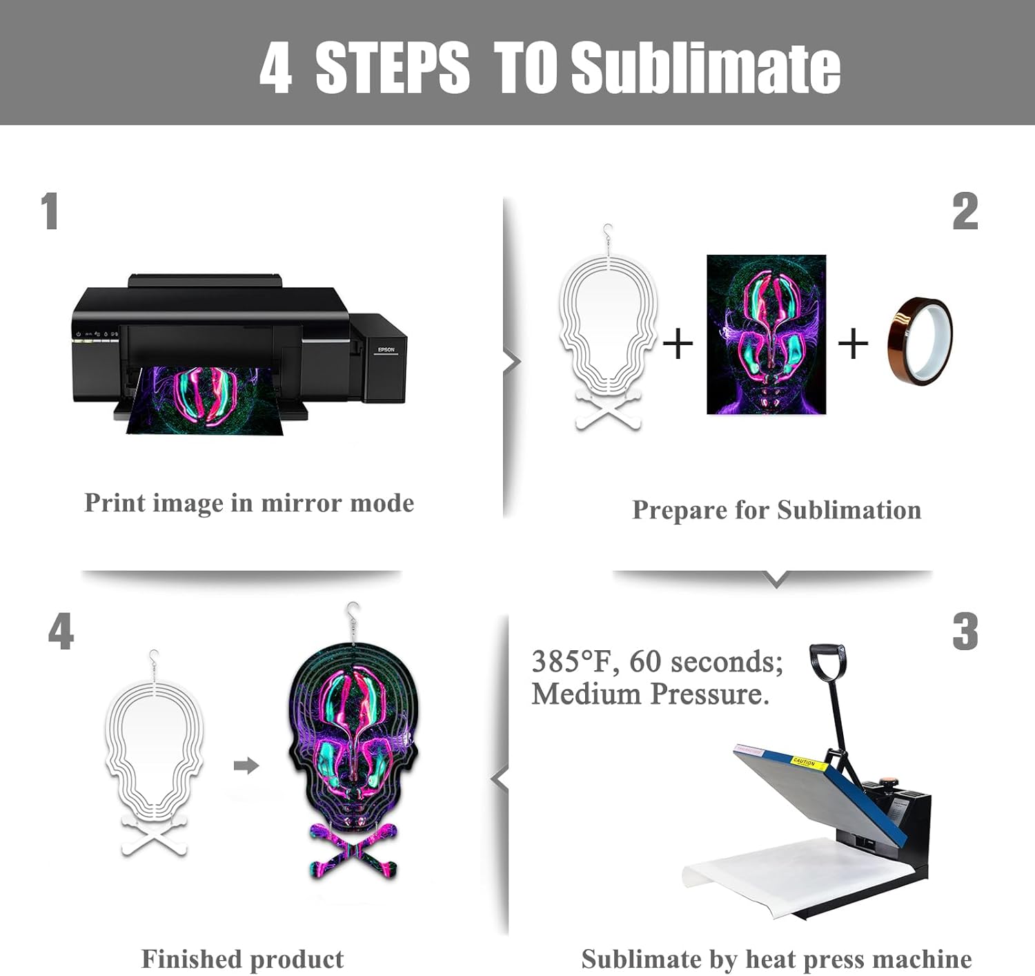 4Pack 8 inch Sublimation Wind Spinner Blanks 3D Aluminum Metal Wind Sculpture Kinetic Spinners for Yard and Garden Indoor Art Ornaments Hanging Decoration Halloween Party (Skull)
