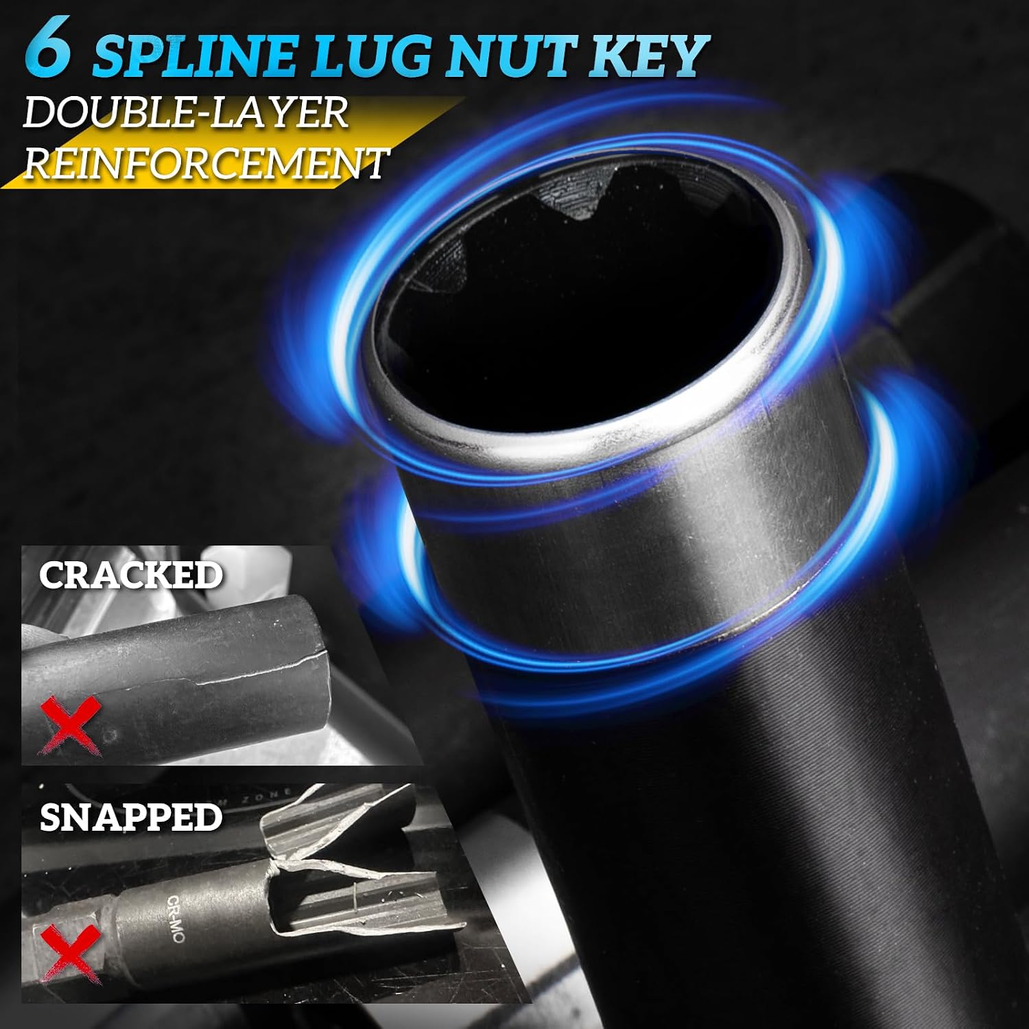 6 Spline Lug Nut Socket Set,2 Piece Lug Nut Key (41/64" & 45/64") for M12x1.25/M12x1.5 Spline Lug Nuts,Removal Tool Kit with Hard Case,Jeep,GMC,Locks​,Double Layer Reinforcement (2 Piece Set)