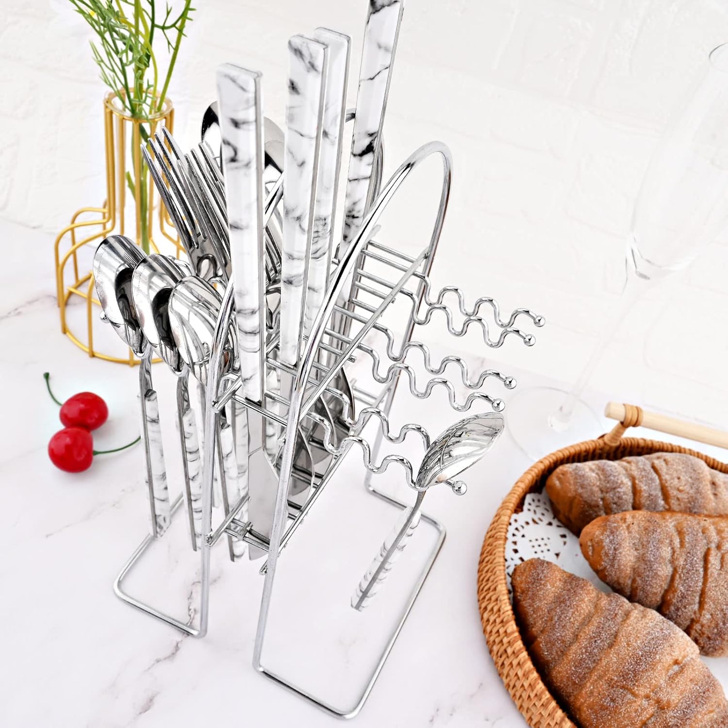 24Pcs White Imitation Marble Pattern Handle Flatware Silverware Set with Stand, Stainless Steel Cutlery Set for 6, Square Handle Eating Utensils, Mirror Polished