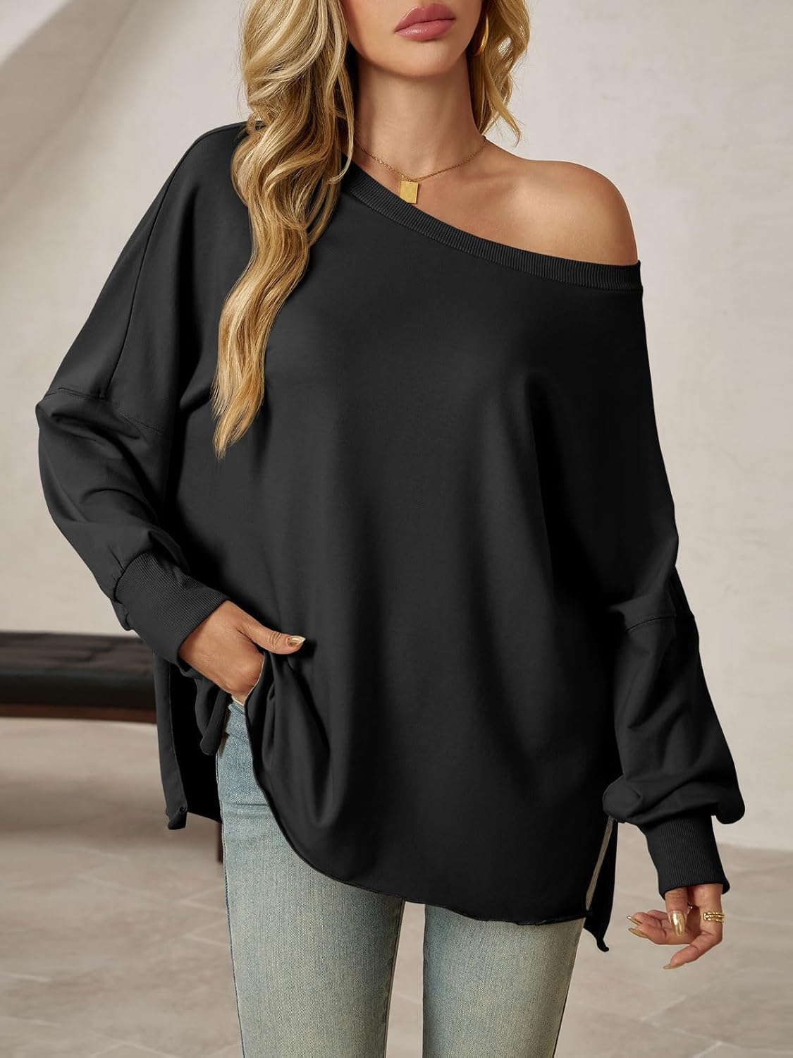 Tankaneo Womens Oversized Off The Shoulder Tops Long Sleeve Trendy Casual T-Shirts Side Slit Loose Fit Tunic Shirts - Image 2