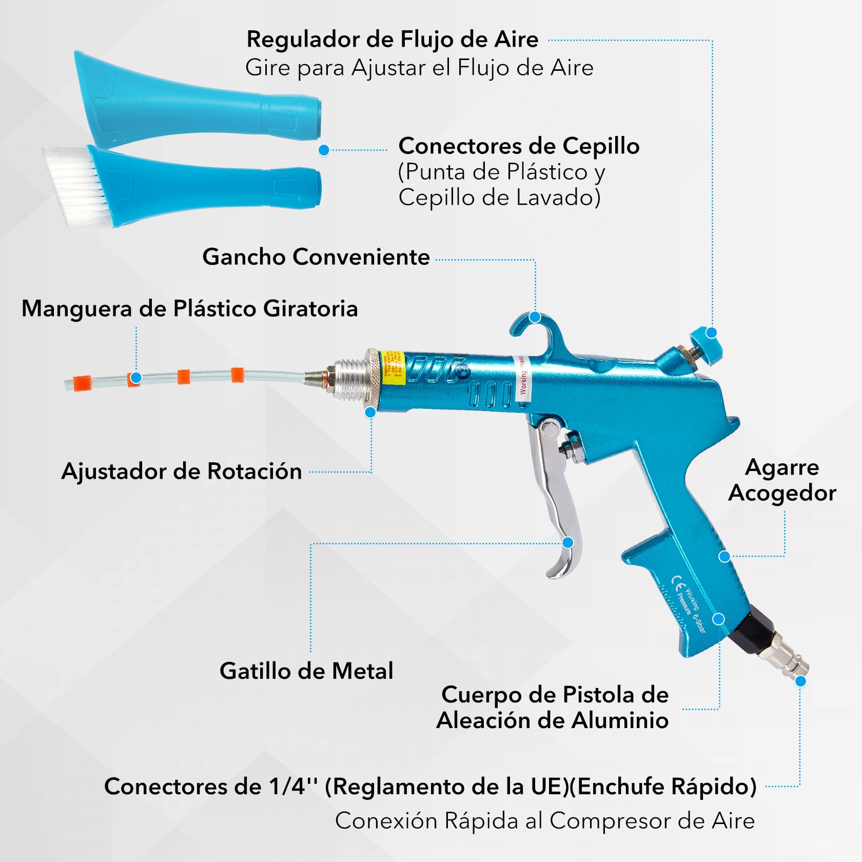CarBole Pistola de Limpieza de Coches de Aleación de Aluminio 6-9.2Bar,Pistola de Aire para Compresor,Las Cabezas de Pistola Cuadradas Son más Adecuadas para Limpiar Interiores de Automóviles