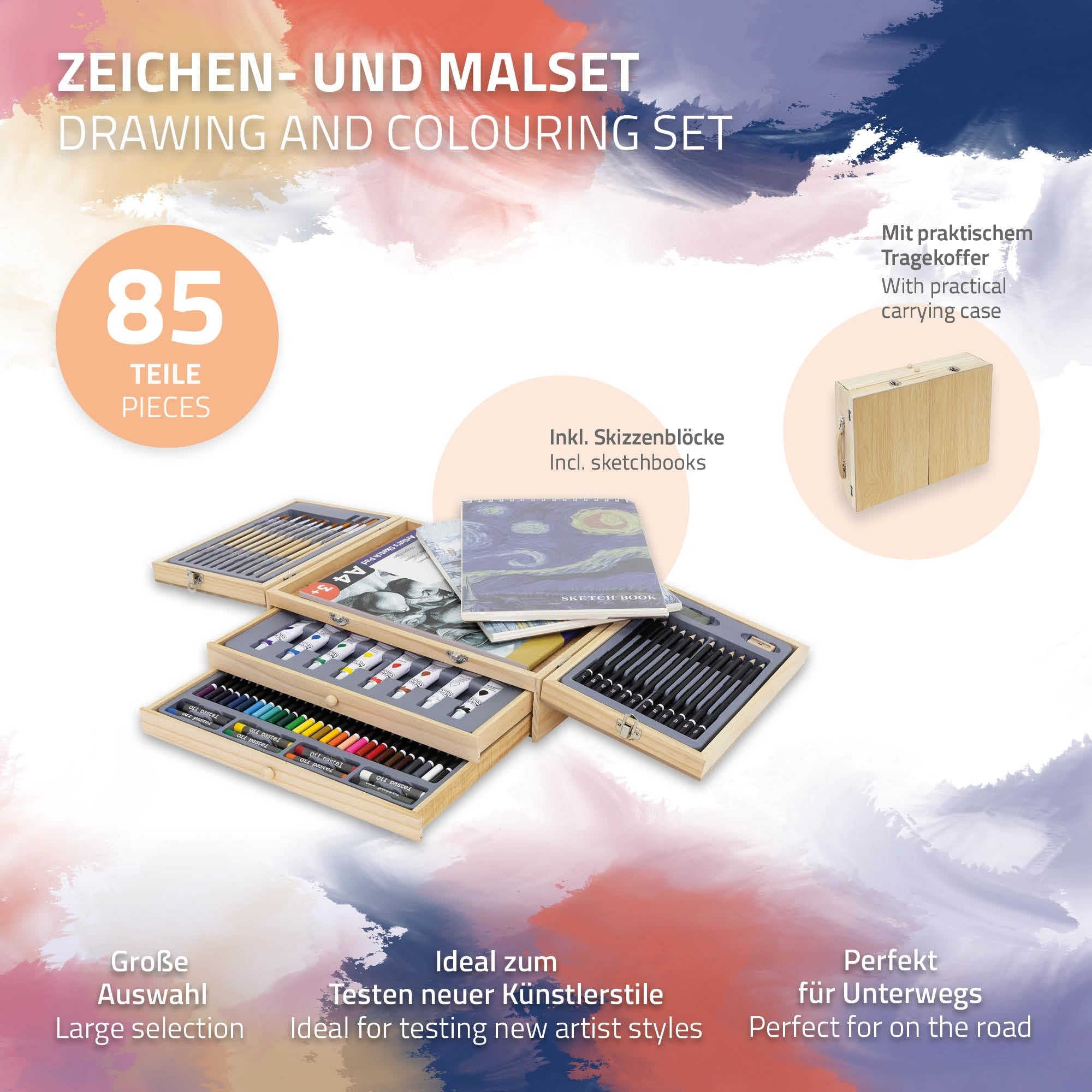 ECD Germany Set per Pittura con Valigetta in Legno 85 pezzi 3 Blocchi da Disegno A4 Colori Acrilici e Accessori Kit Disegno Pennelli Pastelli Acquarelli Portatile per Hobby Artisti Principianti