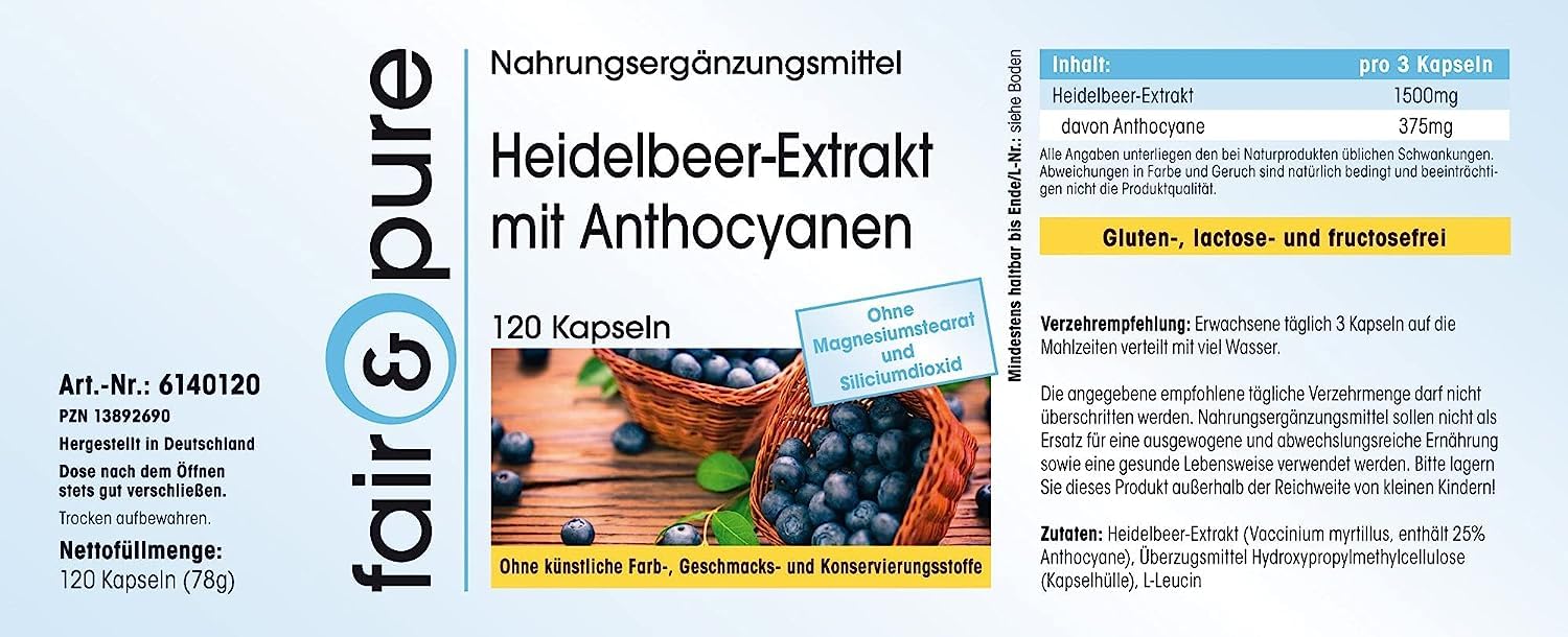 Fair & Pure Heidelbeer-Extrakt 500mg mit Anthocyanen, 120 Kapseln, Nahrungsergänzungsmittel vegan ohne Magnesiumstearat, in Deutschland hergestellt