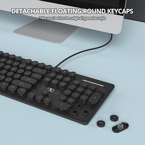 Miniatura 5 de Teclado de máquina de escribir retro con cable, teclado silencioso de computadora iluminado con 104 teclas redondas de tamaño completo,