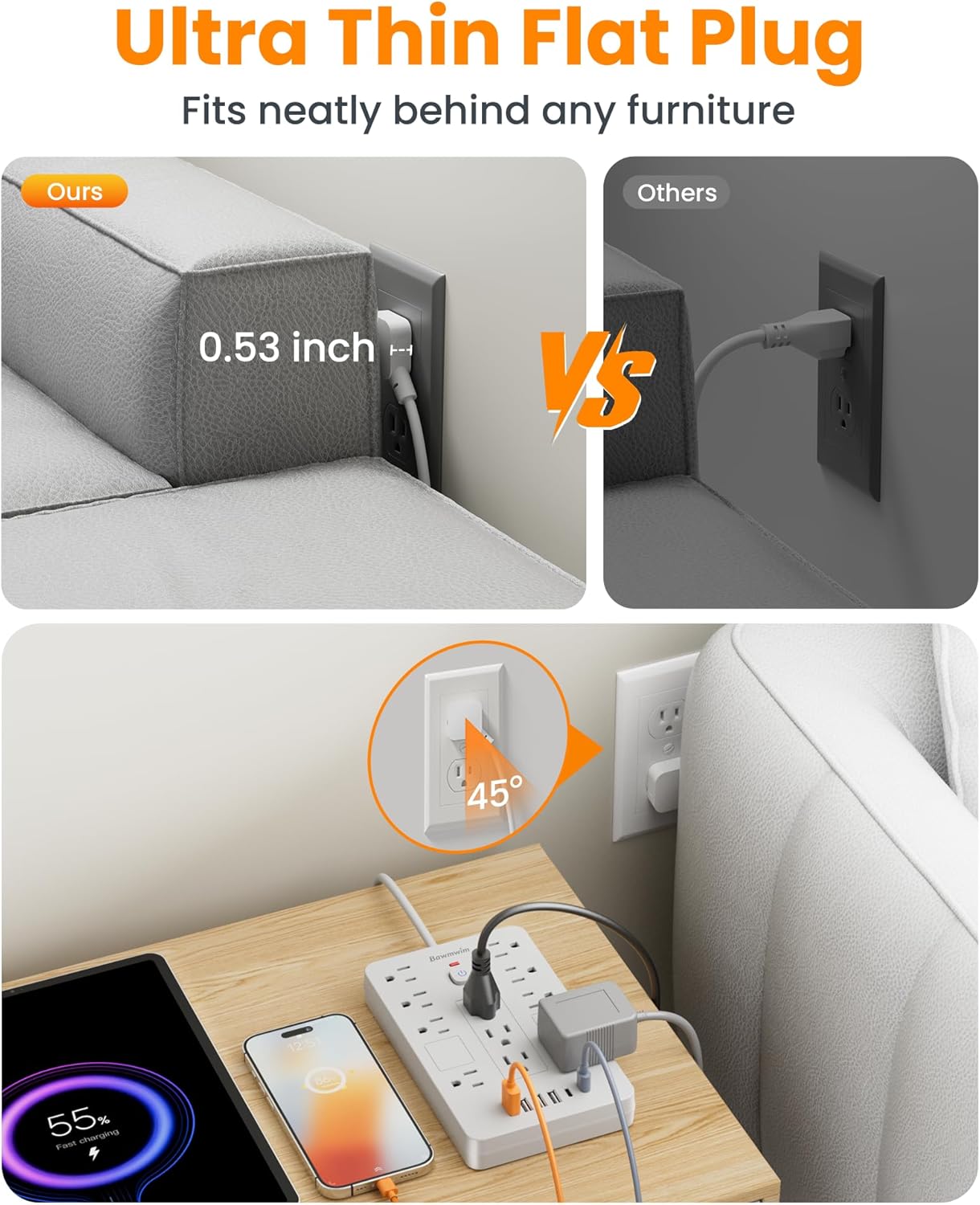 Surge Protector Power Strip - 11 Outlets(1850W/15A) with 6 USB Ports(2 USB C), 6FT Flat Plug Extension Cord, Wall Mount, White,Listed for Home, Dorm Room
