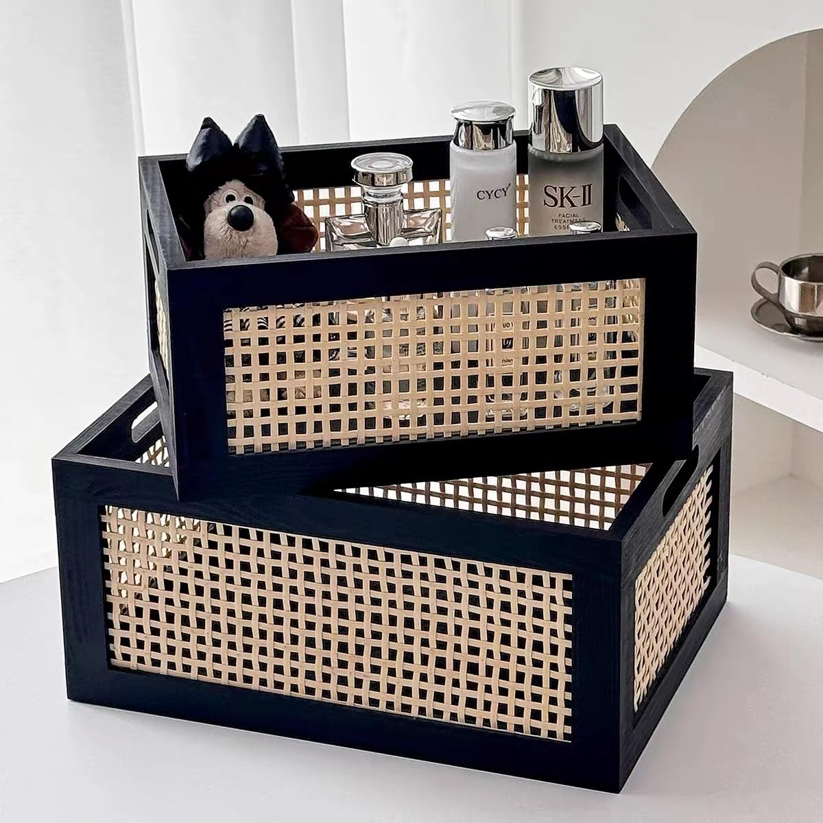 Cesta rectangular de almacenamiento, almacenamiento de tejido de madera cestas tejidas con mango | Cesta de almacenamiento de tejido con asa, organizador de escritorio, para casa, oficina, armario, estantería
