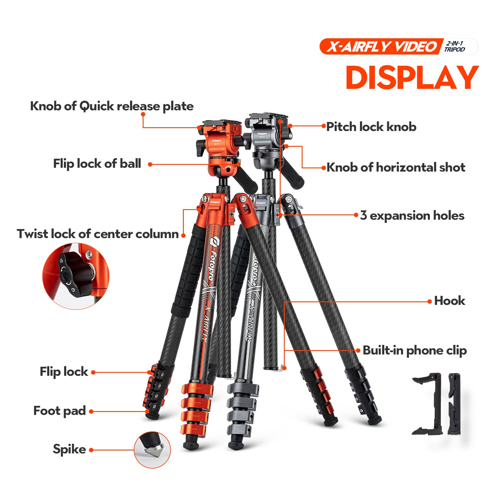 Fotopro X-AIRFLY Video 164 cm Trípode Vídeo Carbono – Tubos 25 mm, Rótula 30 mm + Cabeza Fluida, Carga 4,5 kg, Cierre Metálico, Trípode Vídeo Pro, Gris