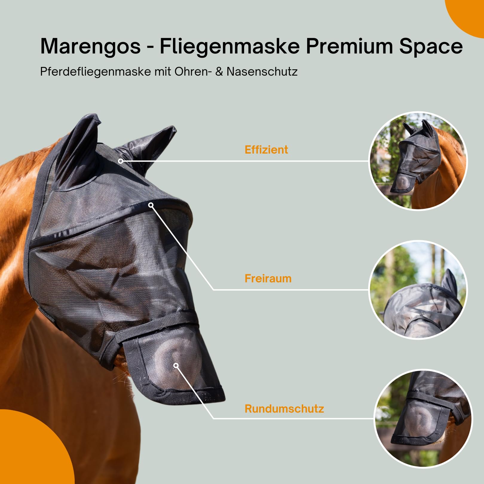 Marengos - Fliegenmaske mit Ohren- & Nasenschutz Premium Space | Pferdefliegenmaske in Schwarz | mit Elastikeinsätzen & Klettverschluss | extra Freiraum für die Augen | Pferde Zubehör Vollblut