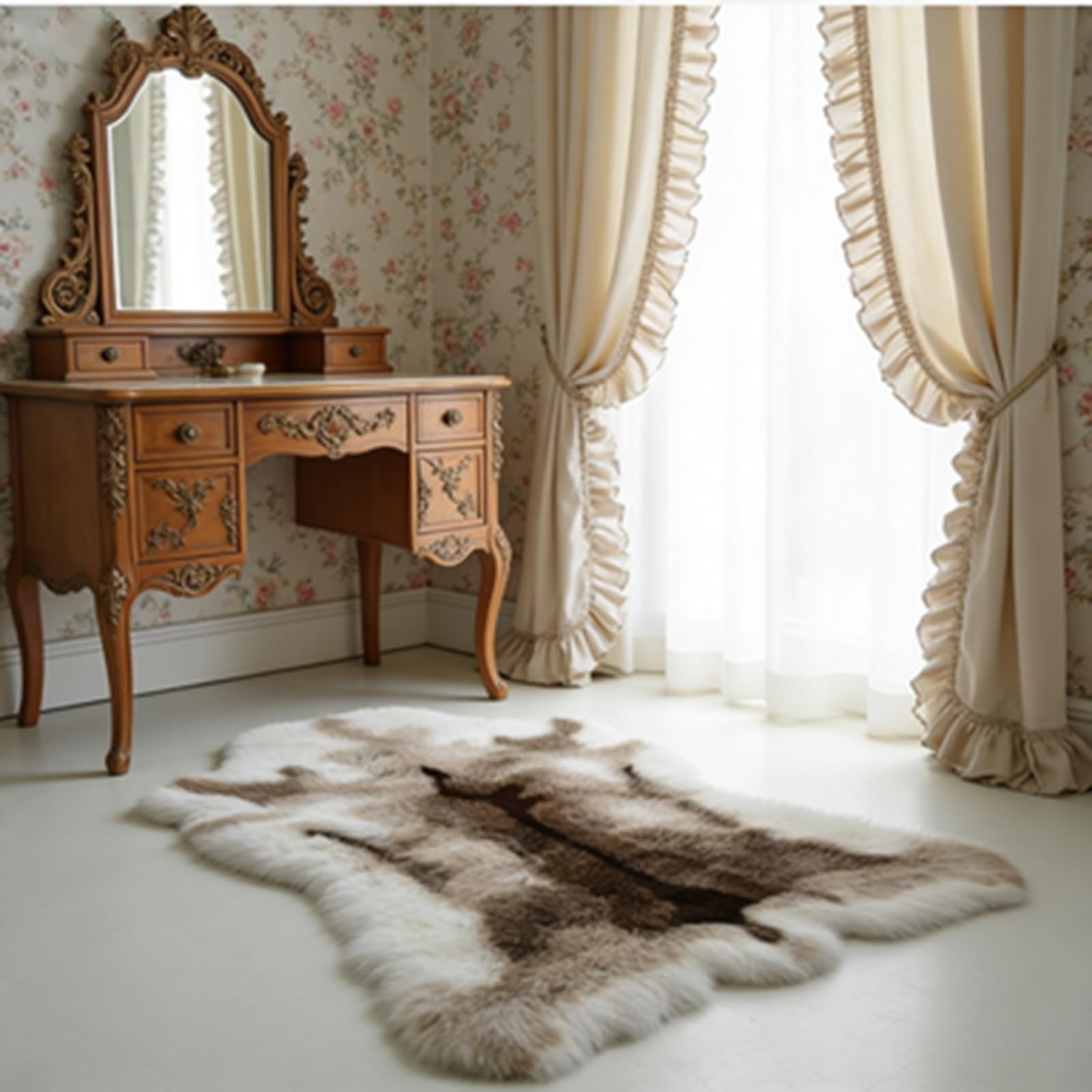Kunstfell Rentier Teppich Schlafzimmer - weiches Rentier Fellimitat als Wohnzimmerteppich - Fellteppich Bettvorleger Schlafzimmer weiß-braun 120 x 95 cm