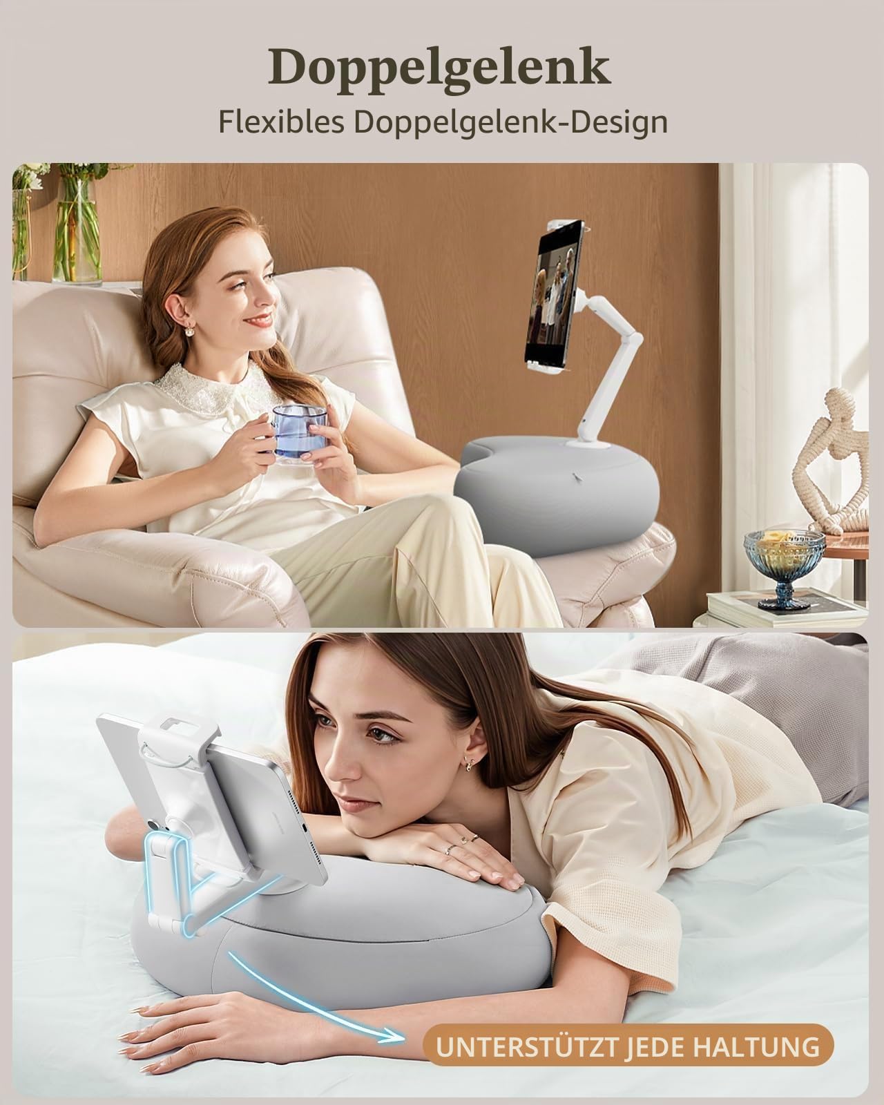 SAIJI Tablet Kissen Halter, 360° Verstellbarer Kindle Halter ipad Halterung Bett mit flexiblem doppelachsigem Arm, Tablet Halterung für iPad, iPhone, Kindle und alle Geräte von 4,7"-15,6"（Grau）