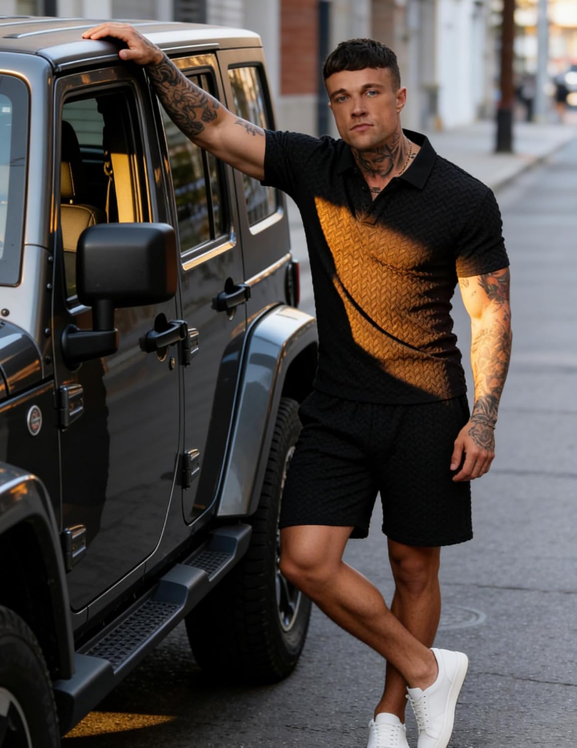 UOUA Mens Summer Outfits 2 Piece Textured Set for Beach Vocation Short Sleeve Golf Polo Shirt and Shorts - Image 2