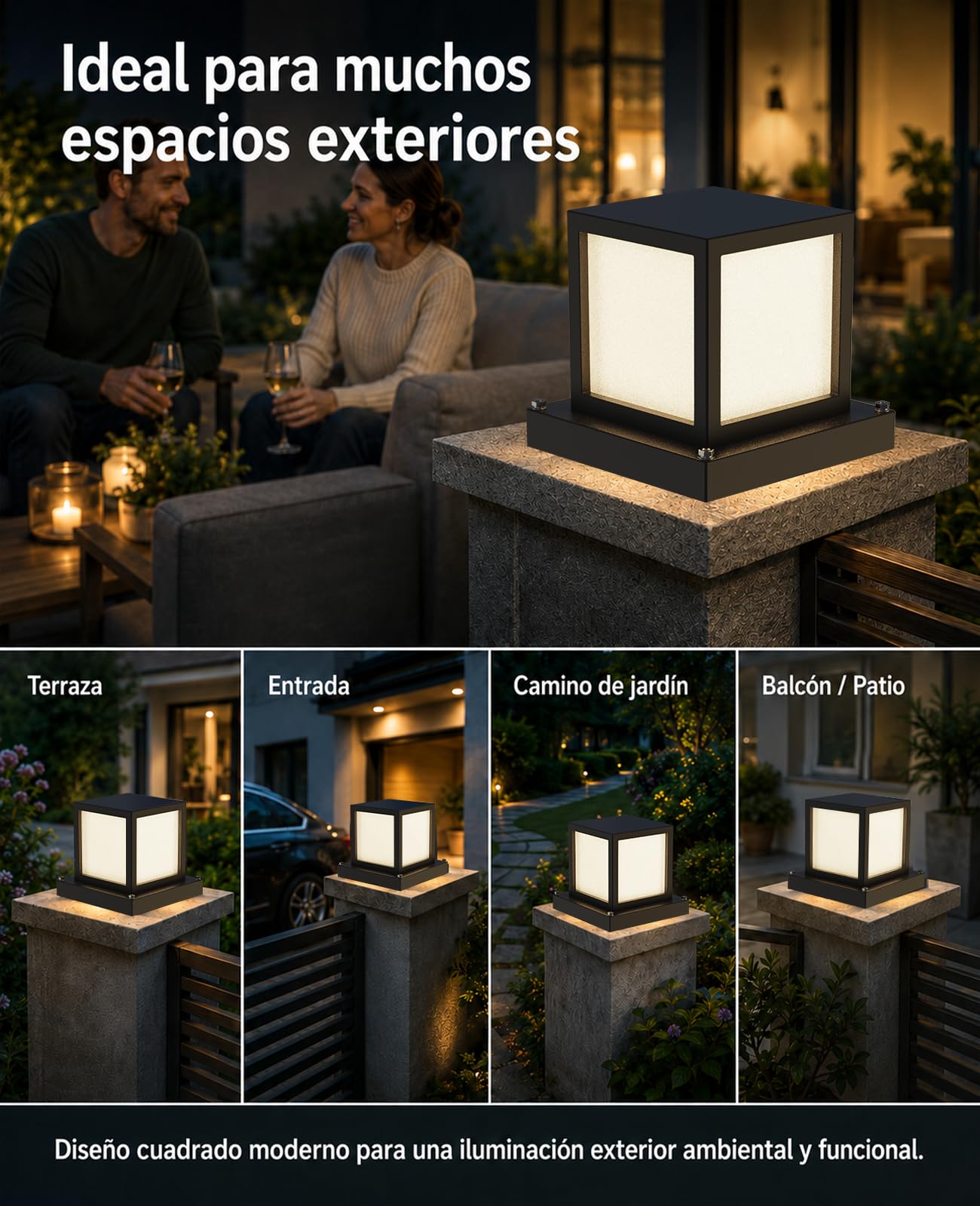 Farola Exterior Jardín E27, Lámpara de Sobremuro IP65 de Metal, 15W LED 3000K/4000K/6000K, Baliza Exterior Cuadrada para Muro, Camino, Terraza, Patio y Valla, Negro