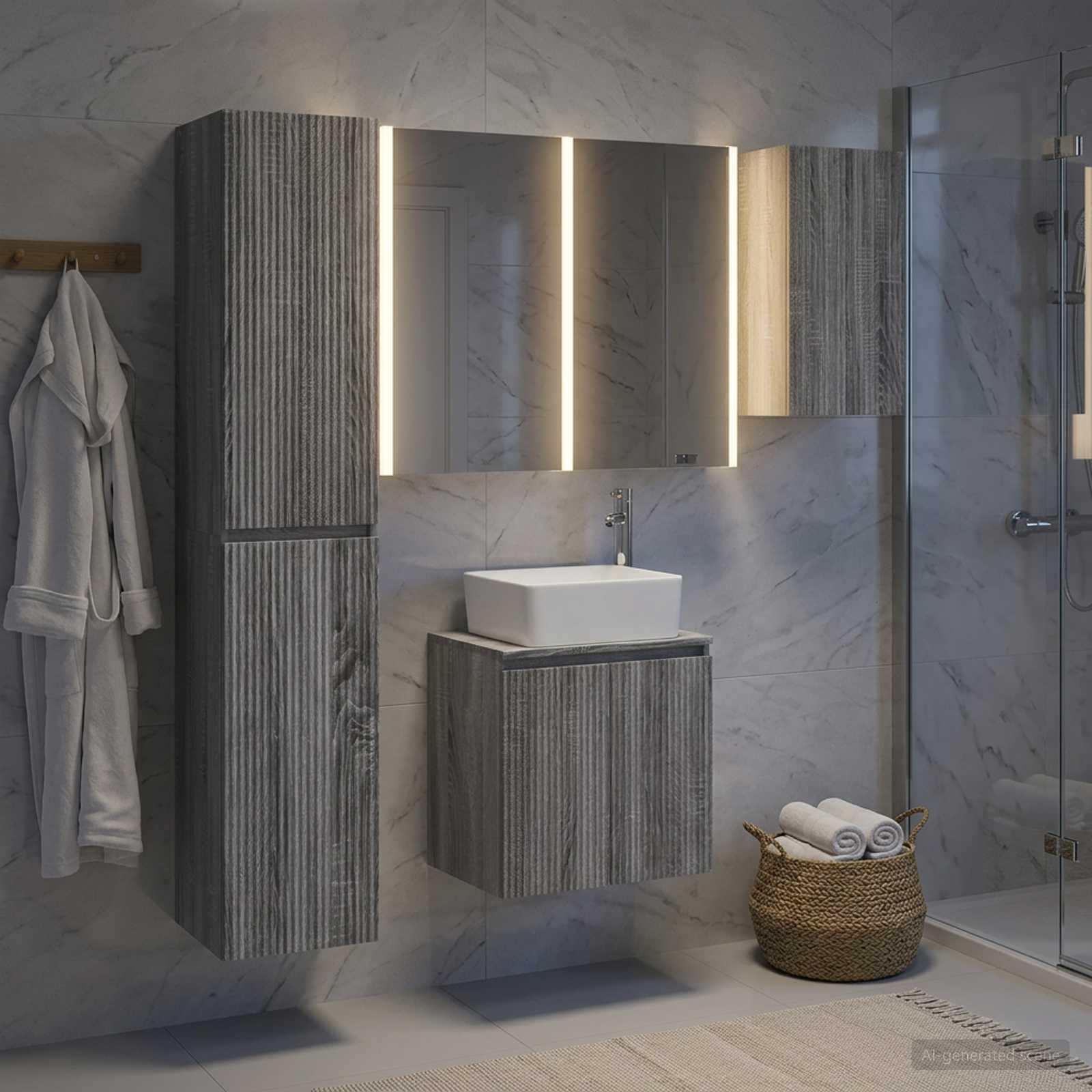 5-częściowy zestaw szafek łazienkowych Sonoma z lustrami LED, montaż ścienny, trwały, odporny na wilgoć, zajmuje mało miejsca, nowoczesny design, wszechstronne przechowywanie do łazienki i