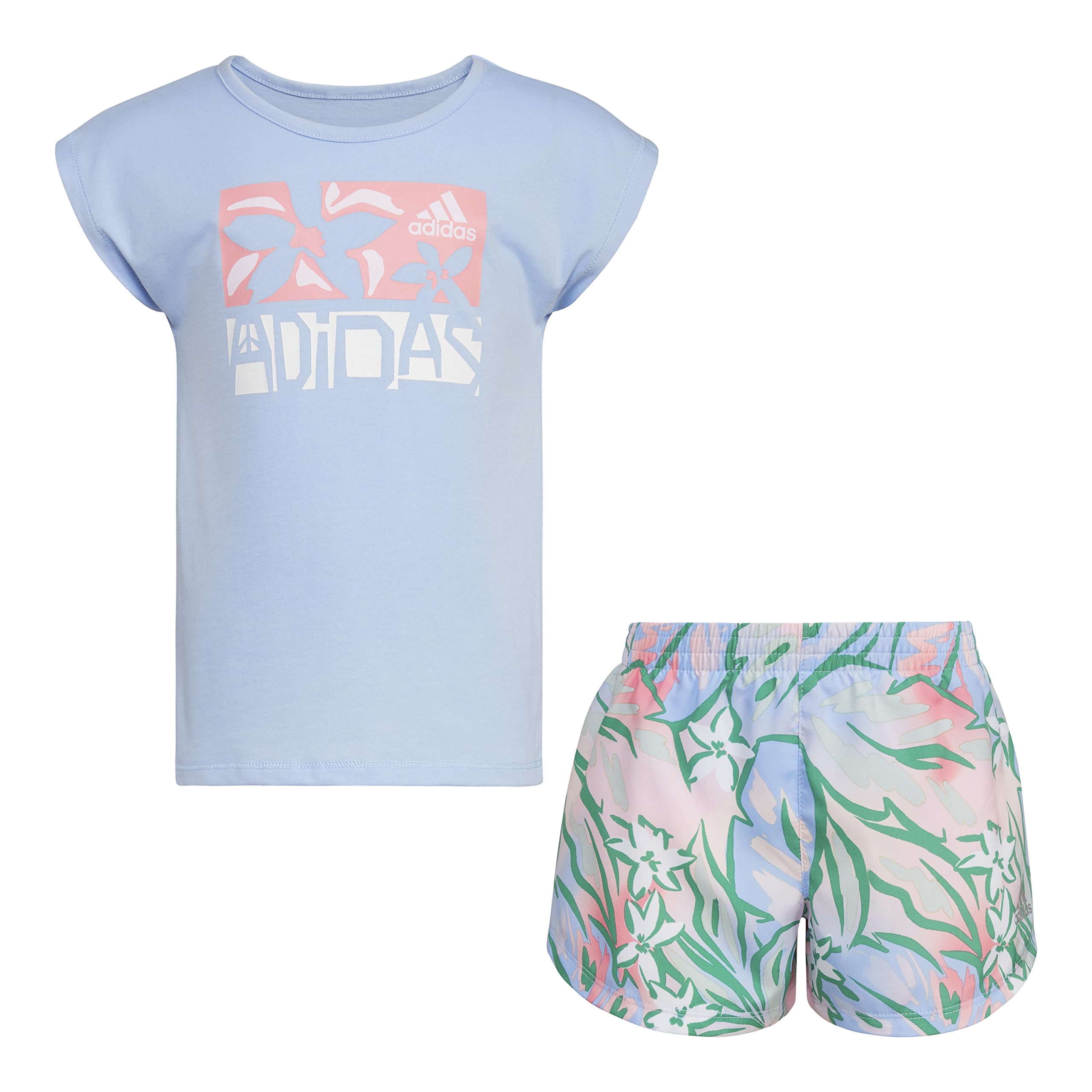 adidas Girls' 2-Piece Tee & All Over Print Woven Short Set, Blue Dawn, 3T
