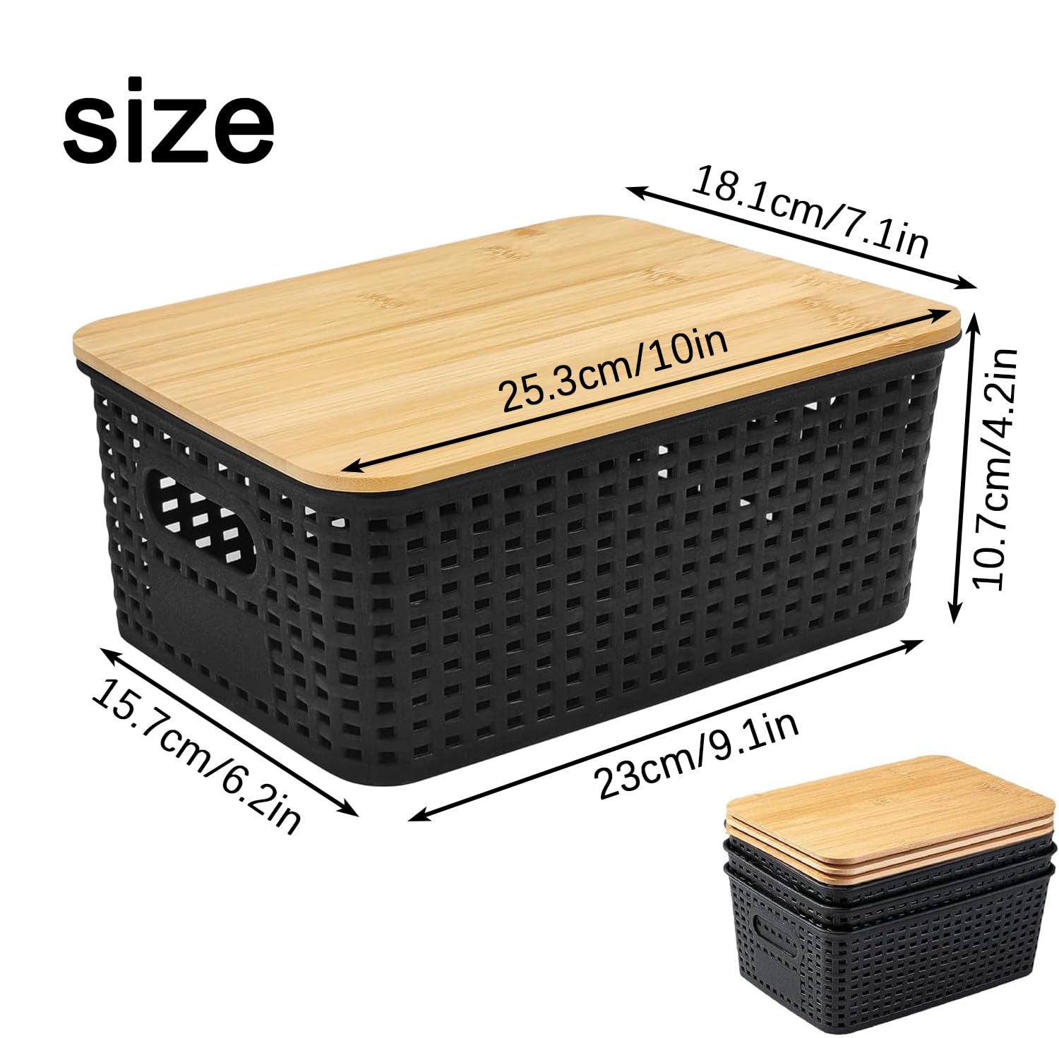 zestaw 3 pudełek do przechowywania z bambusową pokrywką, plastikowe kosze z uchwytem, stosowe pudełka do przechowywania do łazienki, kuchni, sypialni, biurka, 25x18x10cm (czarne)