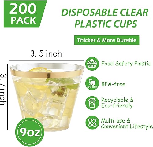 Miniatura 7 de Hioasis 200 vasos de plástico dorados, vasos de plástico con borde dorado de 9 onzas, vasos de plástico transparente con borde dorado, vasos de