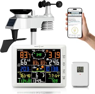 WiFi Weather Station, 14-in-1 Indoor/Outdoor Wireless Weather Stations with Large Display, Home Weather Station with Rain Gauge, Wind Speed/Direction, Barometer, Clock, Weather Forecast