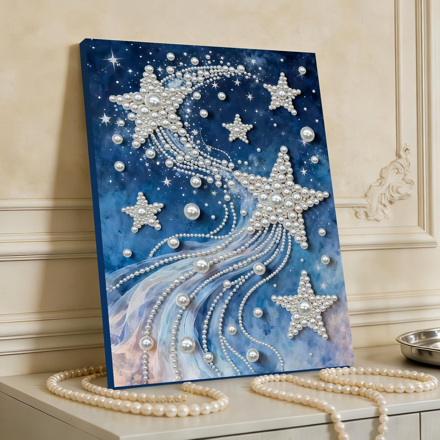 DIY Pearl 3D Painting Kit with Wooden Frame, 3D Plastic Pearl Gemstone Ocean Art Craft for Adults Beginners, Home Decor Housewarming Gift, Diamond Dots for Wall Decor(Star)(30 * 40cm)