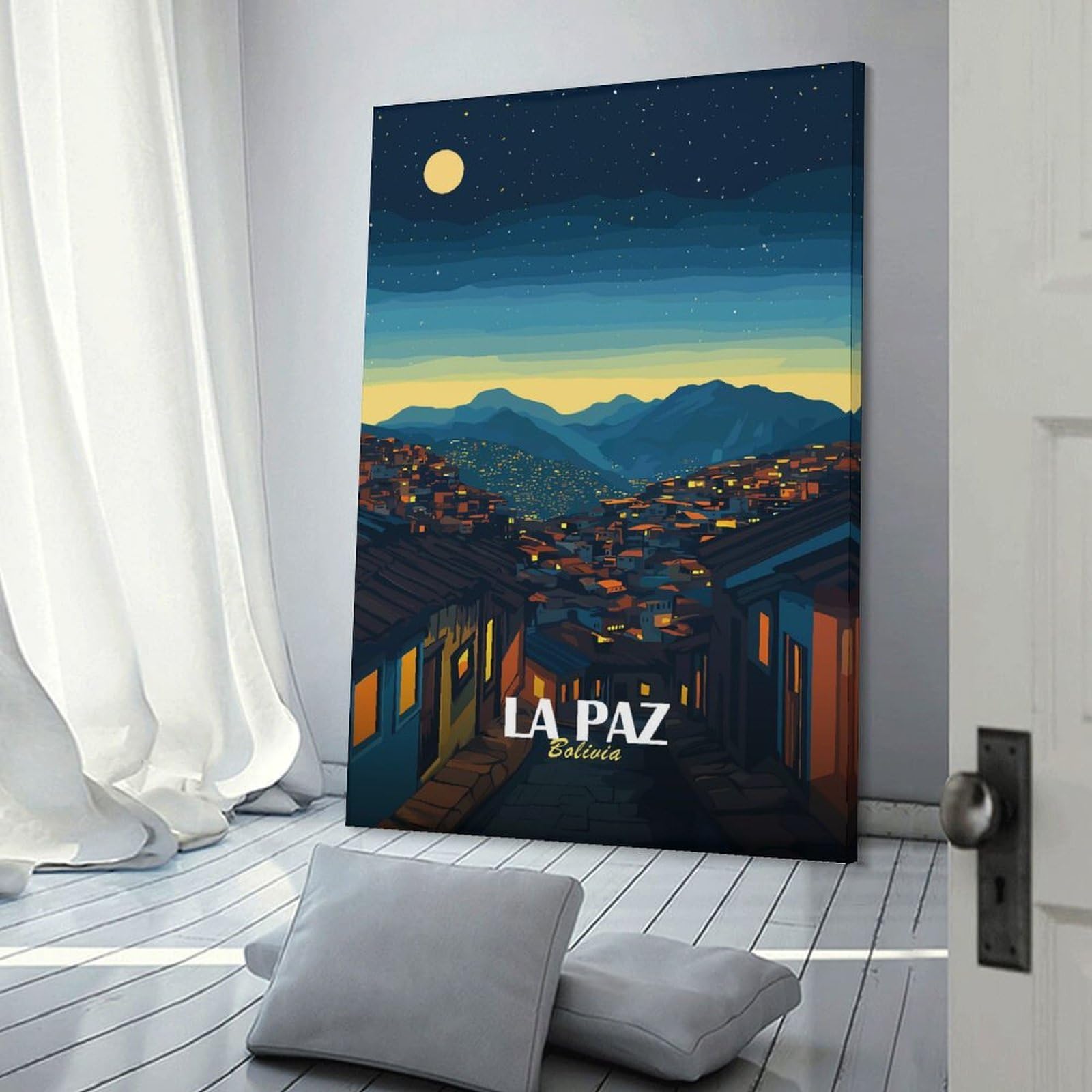 Junmoney La Paz, Bolivia Nightscape Illustration Decorative Wall Artwork, 12x18inch(30x45cm), for Corridors, Hallways Or Apartment Entries, Home Artwork for First Impressions