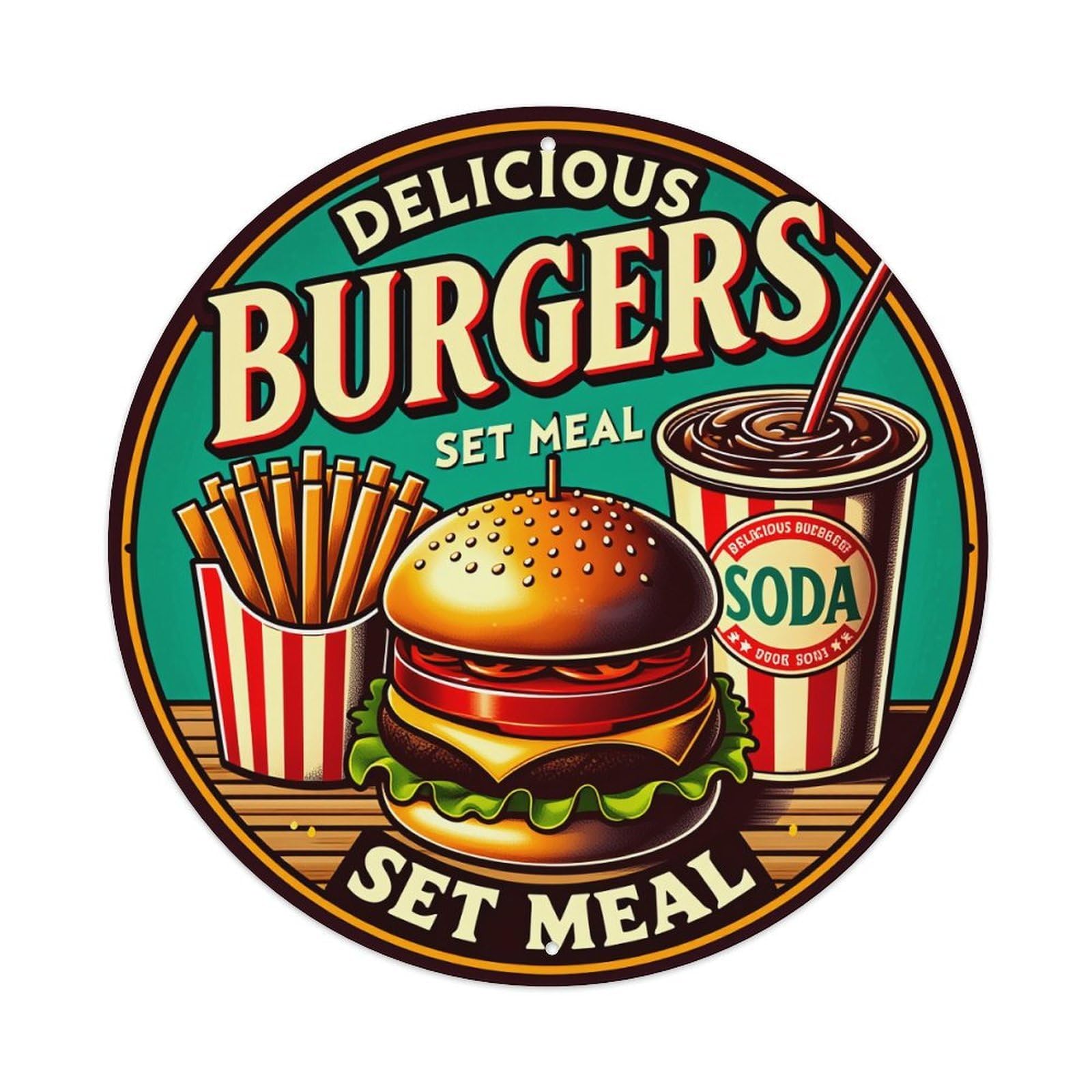 Lzwbntey Vintage Delicious Burgers Set Meal Soda Fries Metal Tin Sign Retro Wall Decor For Home Bar Garage Cafe, Indoor & Outdoor Decorative，Circle Metal Poster, 8X8 Inch