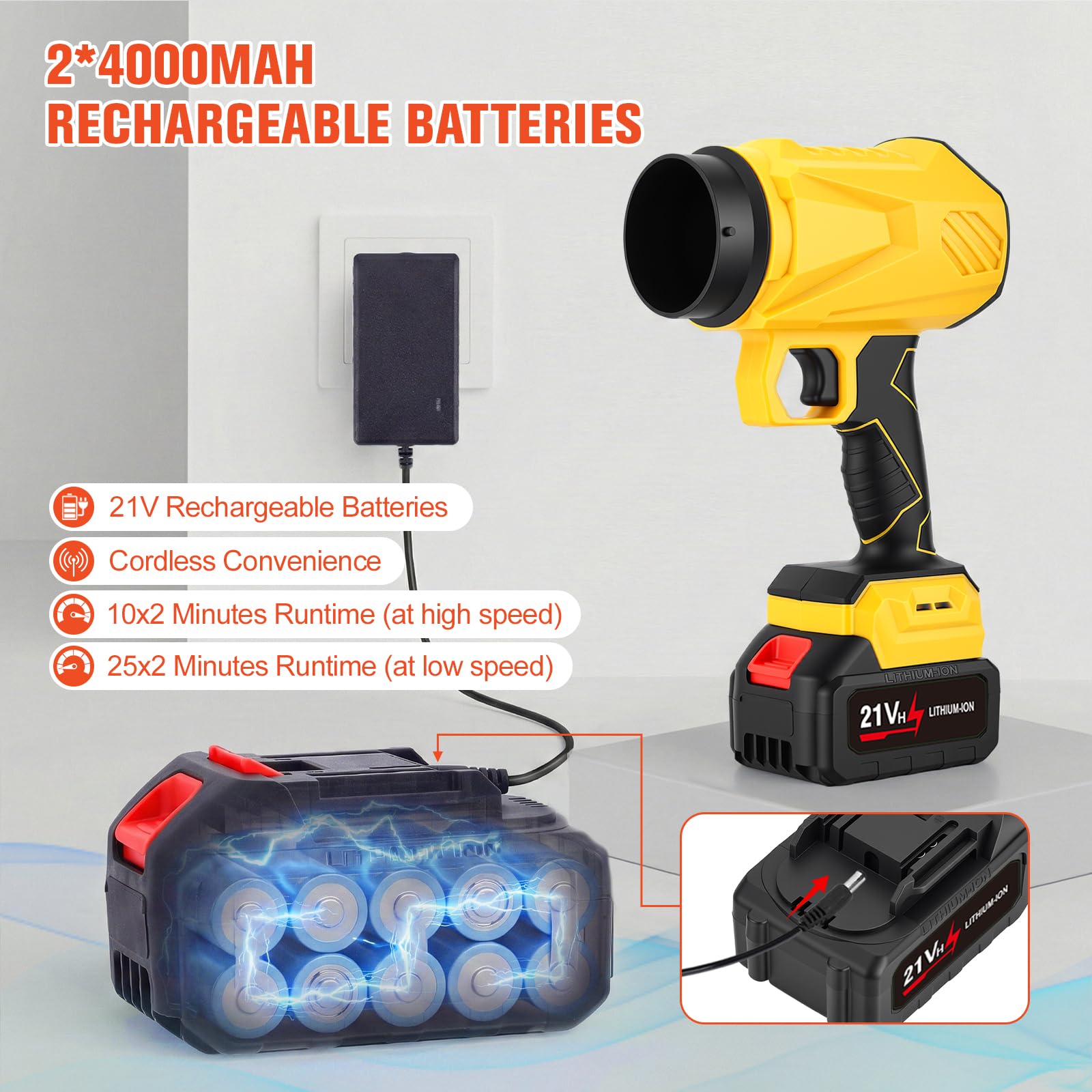 Soffiatore Foglie a Batteria, Motore Brushless con 2 Batterie da 4,0 Ah, Max 48000 giri/min, Flusso d'aria 800 m³/h, 3 Ugelli, Soffiatore Elettrico Compatto per Foglie, Polvere, Giardino