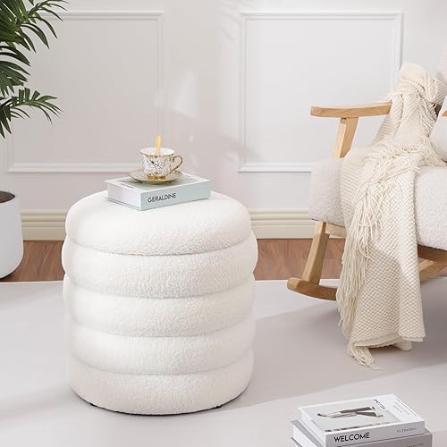 Miniatura 6 de Teddy Sherpa - Otomana redonda con almacenamiento, taburete tapizado moderno, reposapiés, pequeño ramo blanco otomano de almacenamiento para