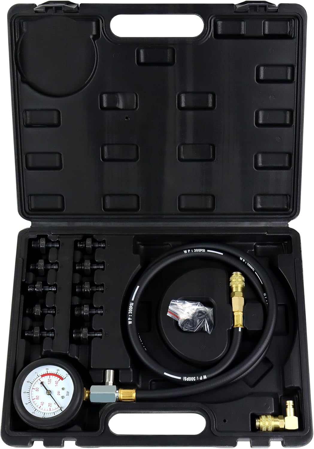 JoyFans Oil Pressure Tester Tool, 0-140PSI Oil Pressure Gauge Kit for Fuel System Mechanical Sensor Engine Cylinder Compression Test with Hose Adapters for Cars ATVs Trucks Use Black Case