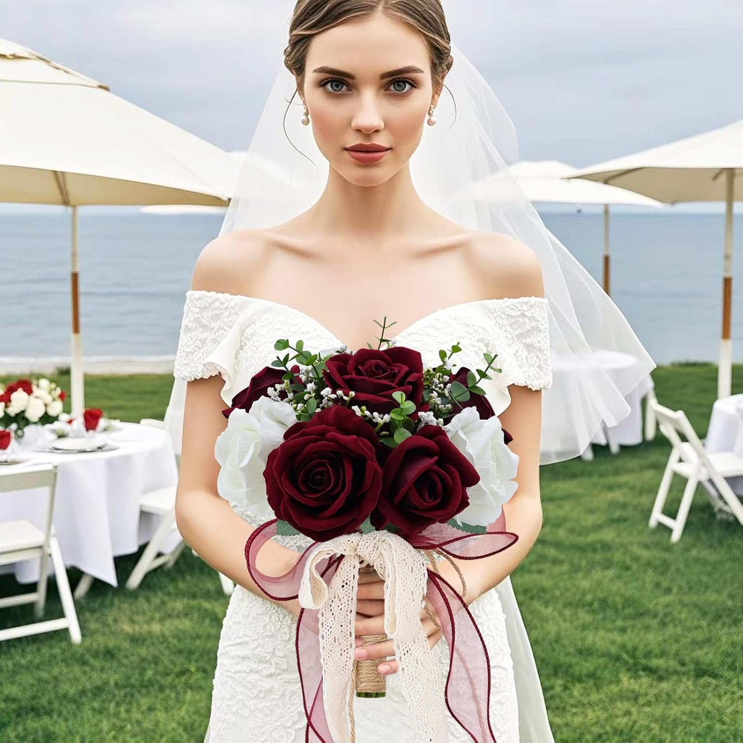 9in Wedding Bouquets for Bride Bridesmaid, Burgundy & White Artificial Roses Flowers Bouquet for Rustic Church Boho Wedding or Centerpieces Decoration - Image 3
