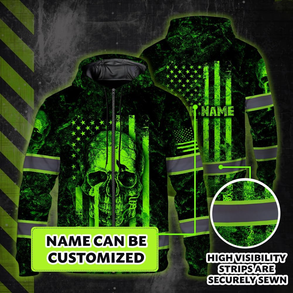 Maddly Hi Vis Reflective Zip Up Hoodie, High Visibility Safety Jacket with Skull Design for runner, worker, trucker, Cyclist