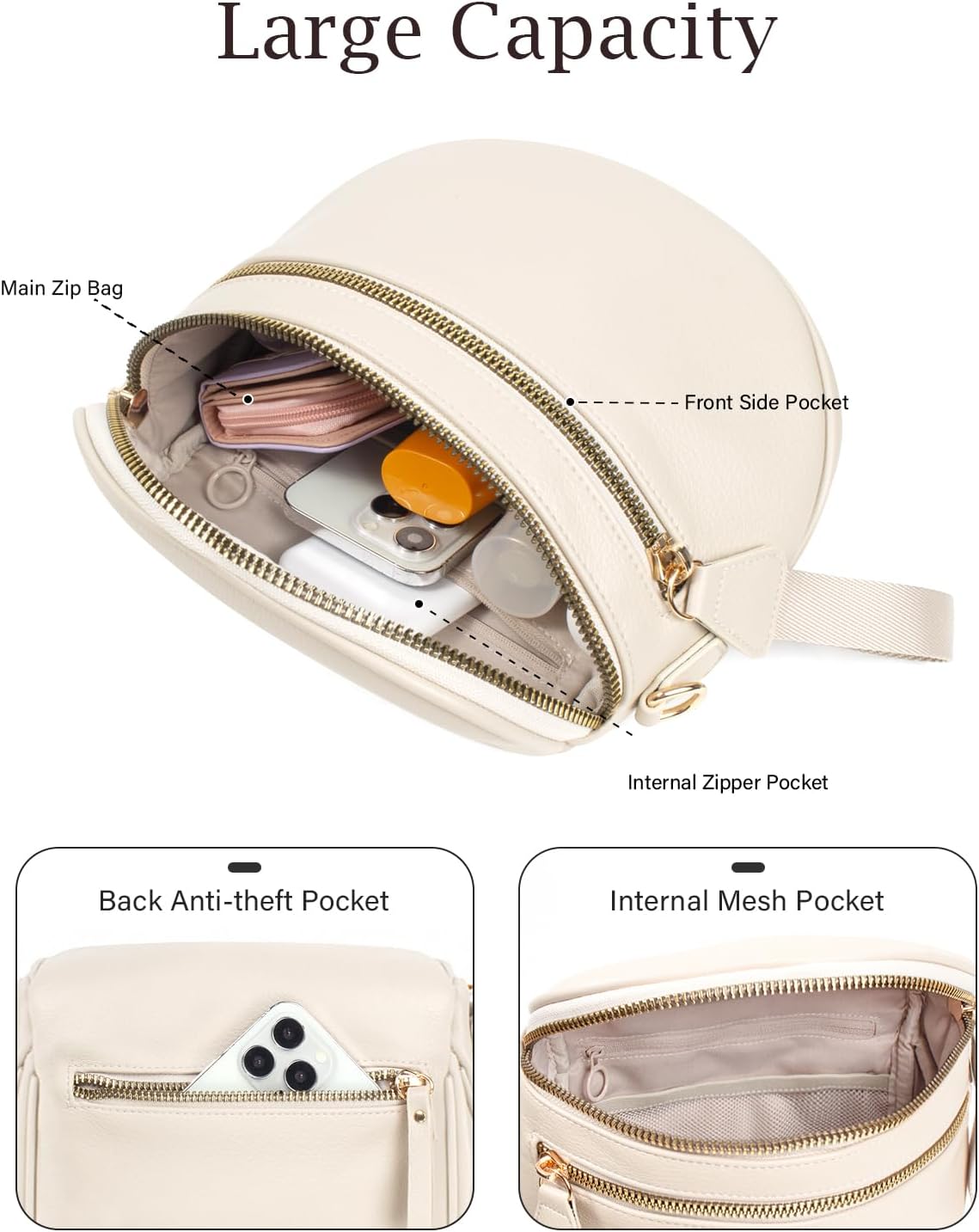 Valentoria Fashionable Womens Leather Waist Bag Crossbody Bag Detachable Wallet Adjustable Shoulder Strap (Beige) - Image 3