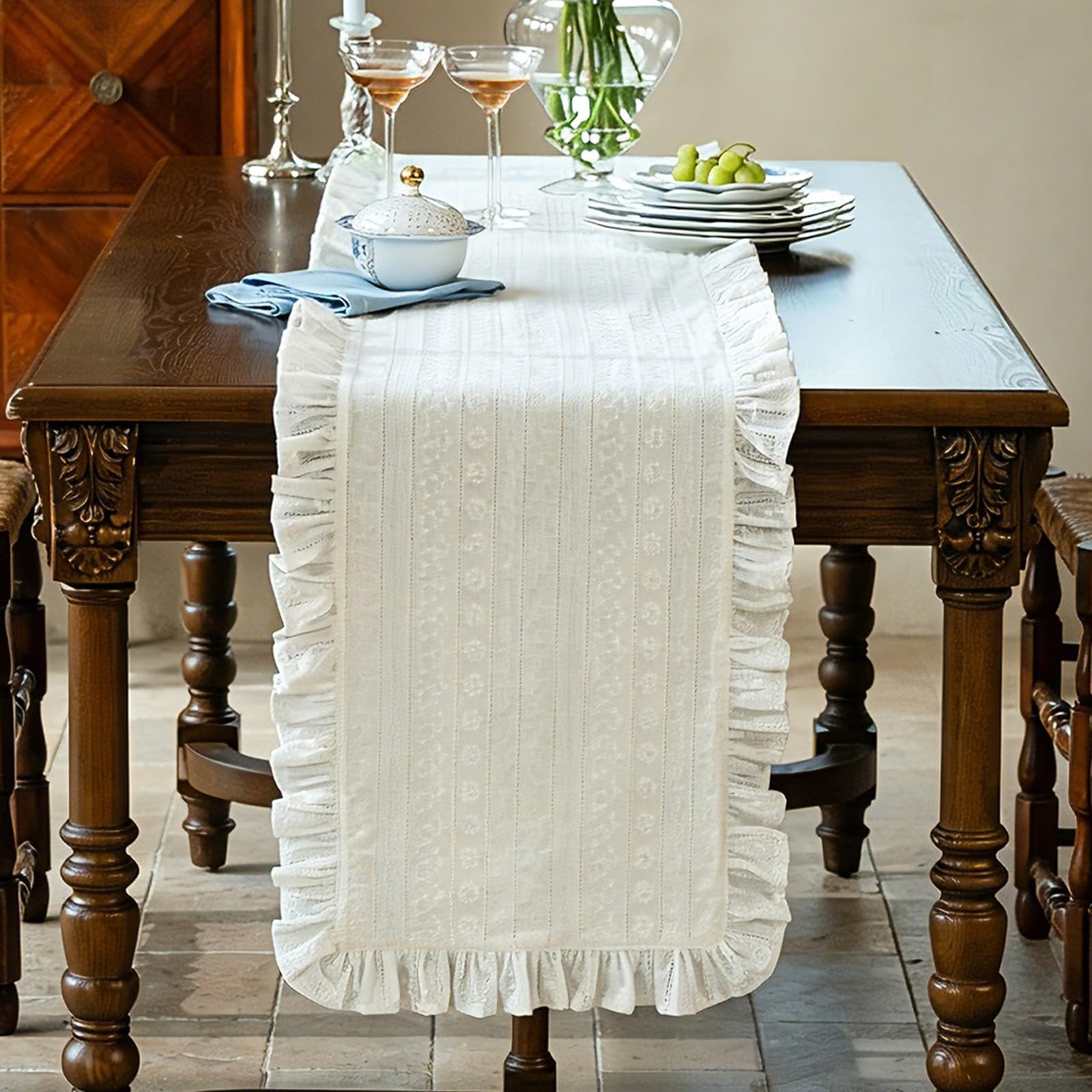 Cream-Style White Table Runner,Cotton Lace Embroidered Fabric,Long Table Runner for Living Room Decor,Suitable for TV Consoles and Dining Tables(40x180cm/15.7x70.8in)