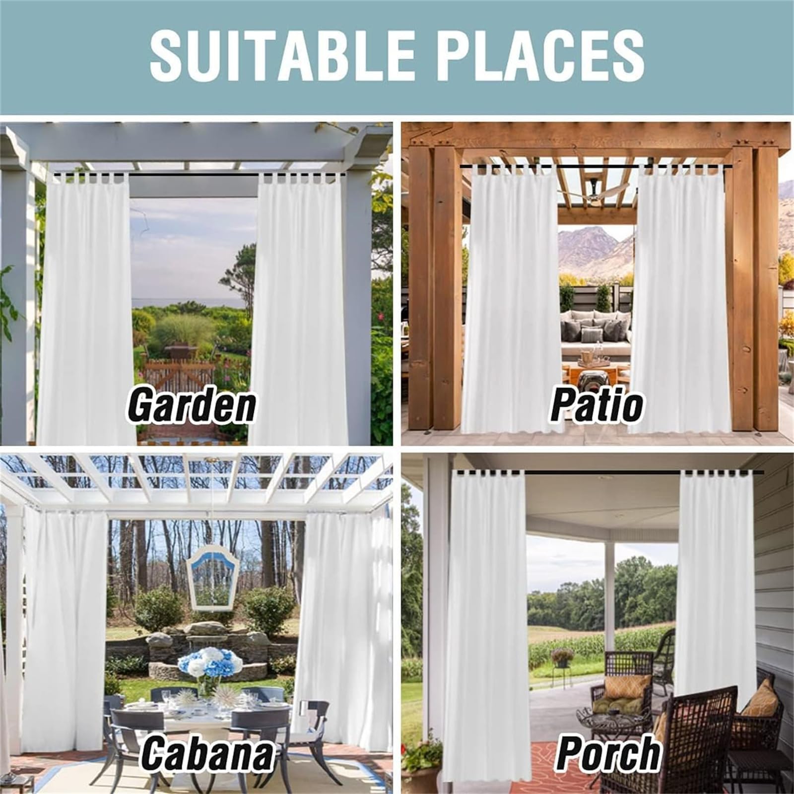 Tende da Sole per Esterno Tende da Esterno Impermeabile Tende per Gazebo Esterno Tende Bianche da Esterno con Passanti Tende Balcone Semitrasparenti 2 Pezzi (2 Pezzi-132x243cm,Bianco)