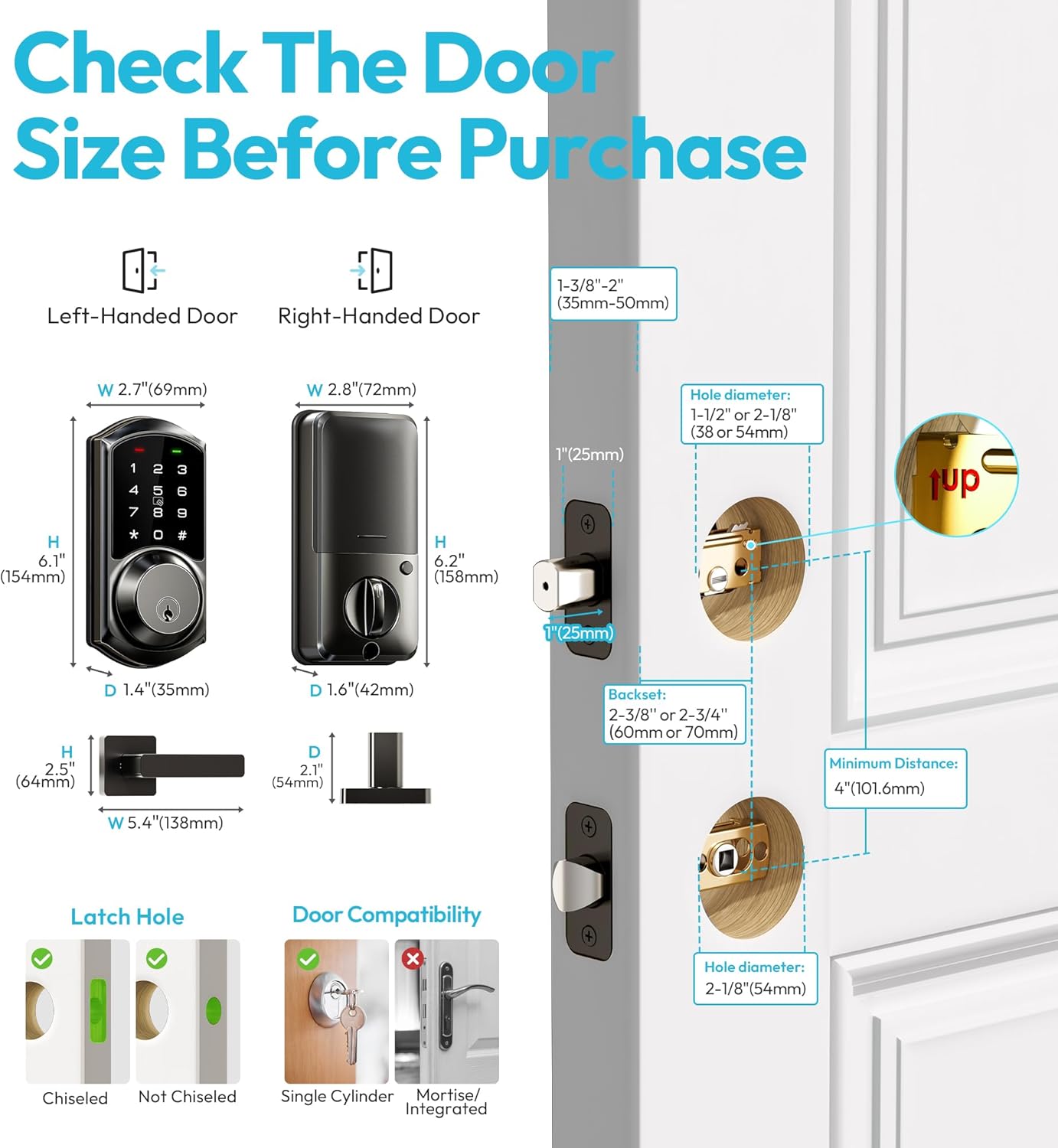 Diagram illustrating door measurement requirements for Veise Smart Lock installation, including door thickness, hole diameters, backset, and latch hole type.