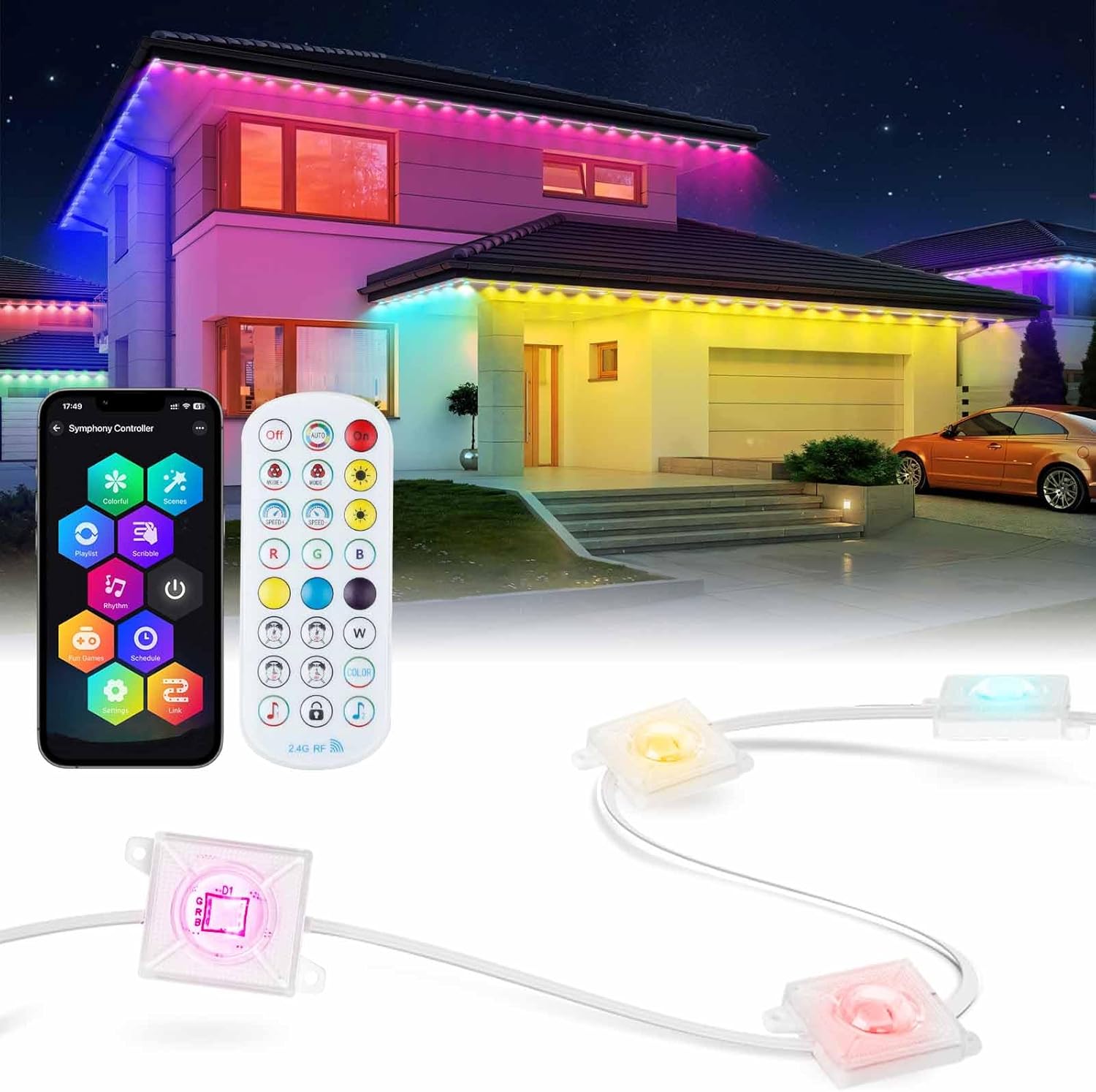 Smart Permanent Outdoor Lights, IP67 Waterproof RGBIC Eaves Lights with App/Remote Control, 100 Scene Modes, Alexa & Google Assistant Compatible, Roof and Garden Lighting for Daily and Holiday Decor