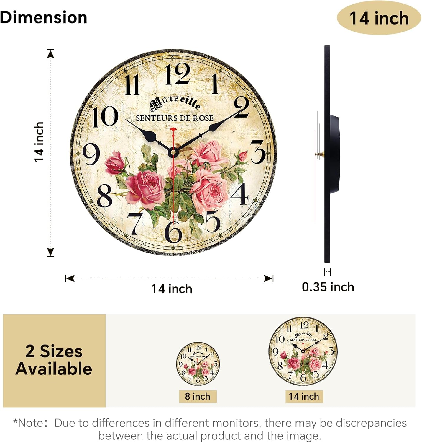 Home Clock 14 Inch Silent Non-Ticking Quartz Movement Wooden Wall Clock Round Battery Operated Indoor Decorative Wall Clocks Vintage French Floral Wall Clock (Pink Roses)