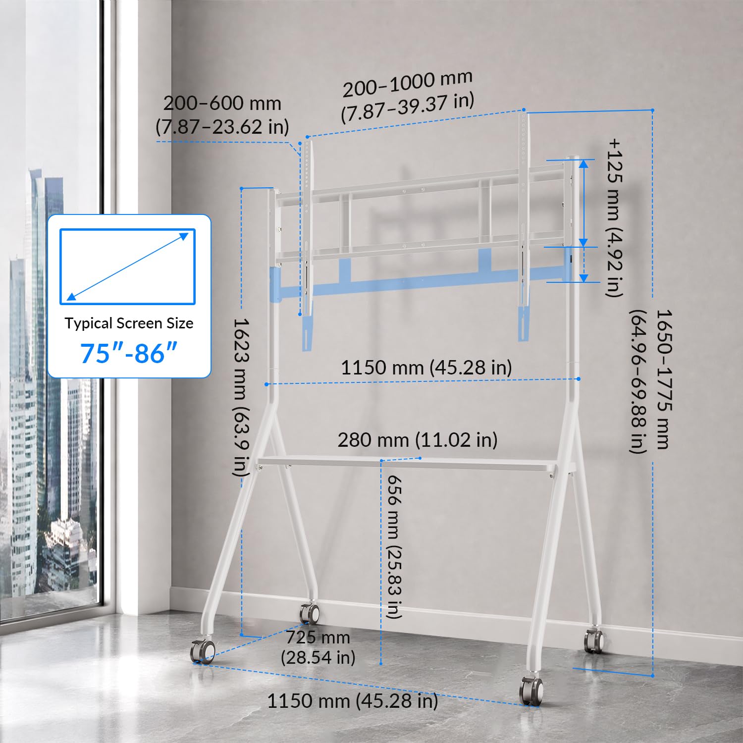 Mobiler Wagen für 75 Zoll Smart Board, tragbarer Ständer für interaktives NewBoard Whiteboard, vier feststellbare Räder, schlankes Design für das moderne Büro oder Klassenzimmer