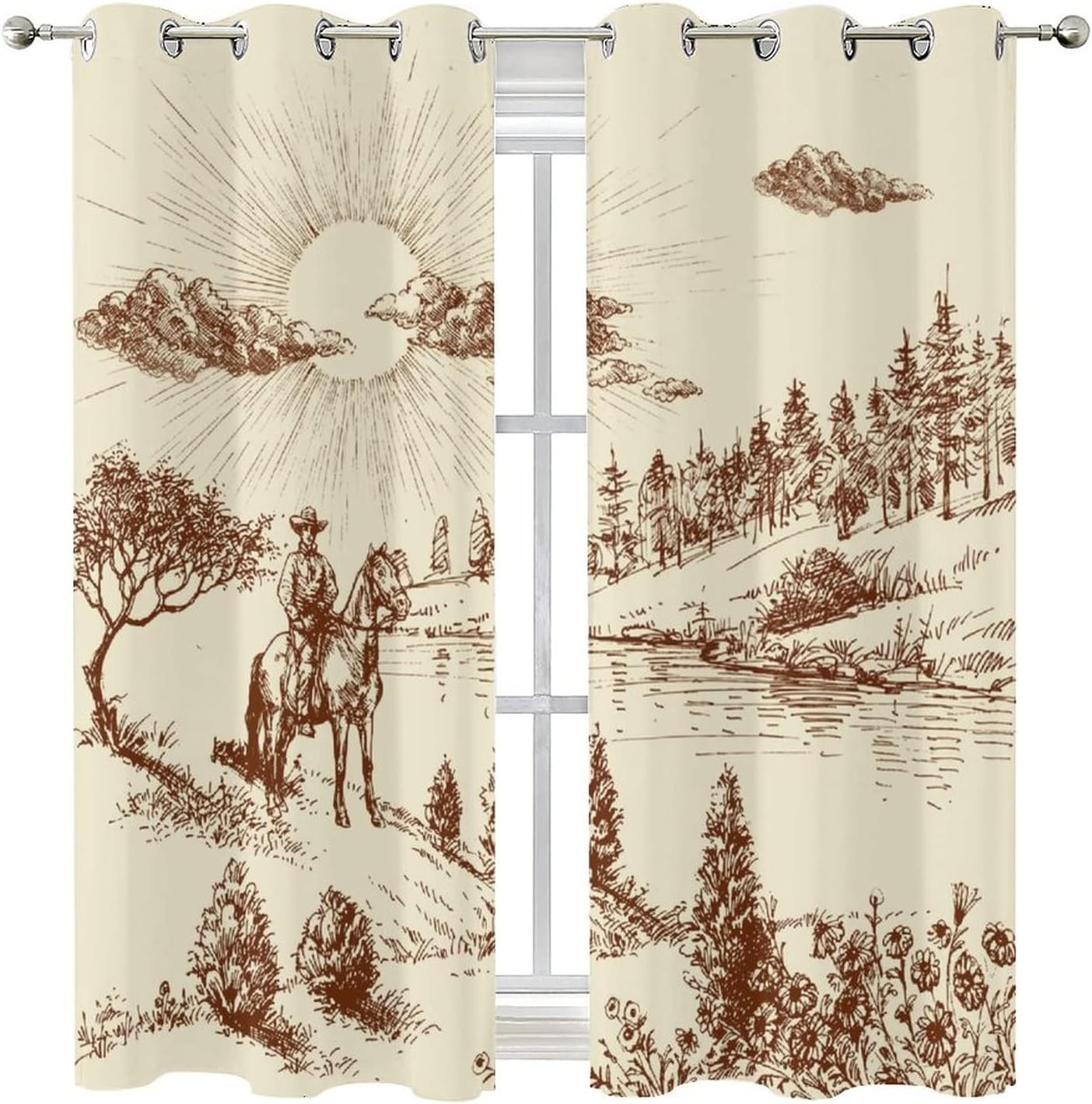 Vintage Western Cowboy Ultra Soft Premier Blackout Curtains,Rustic American Wild West Forest CowboyThermal Insulated Bedroom Noise Reducing Patio Door Grommet Top,2 Panels 45L x 21W