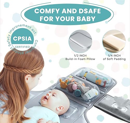 Miniatura 4 de UBRAVOO Cambiador de pañales portátil, bolsa de viaje para cambiador de pañales para bebé con bolsillo para toallitas, cambiador portátil de diseño