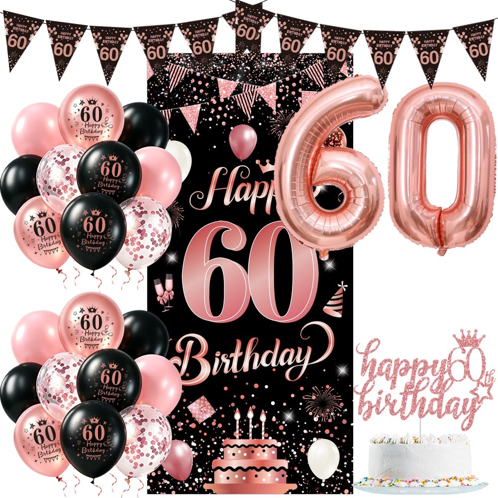 60 Geburtstag Deko Frau, Deko 60 Geburtstag, 60. Geburtstag Luftballon Schwarz Rosegold mit 60 Langbanner, Konfetti, Folienballons, 60 Luftballons, Geburtstag Deko Set mit Wimpel Tortendeko Zahlballon