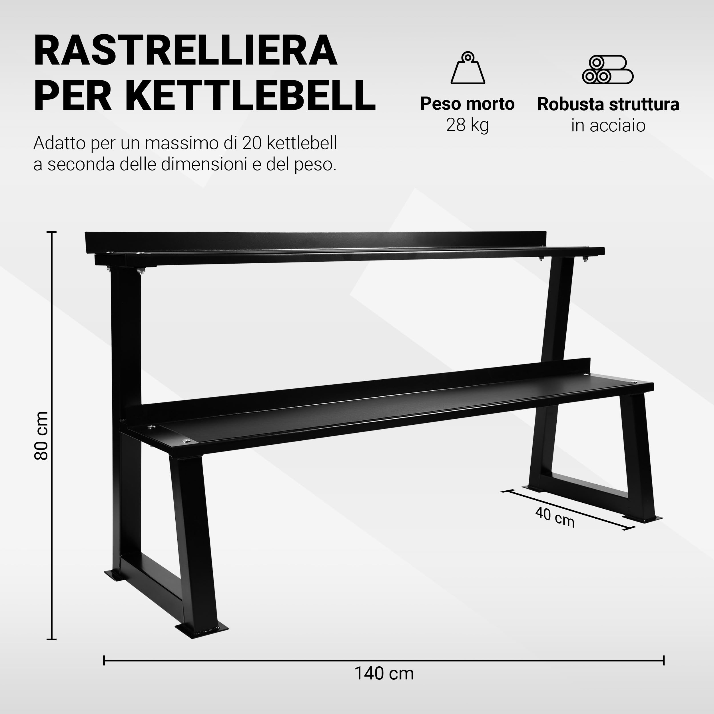Kettlebell Rack I 2 Livelli – per 14 manubri a Sfera, ripiano per Kettlebell