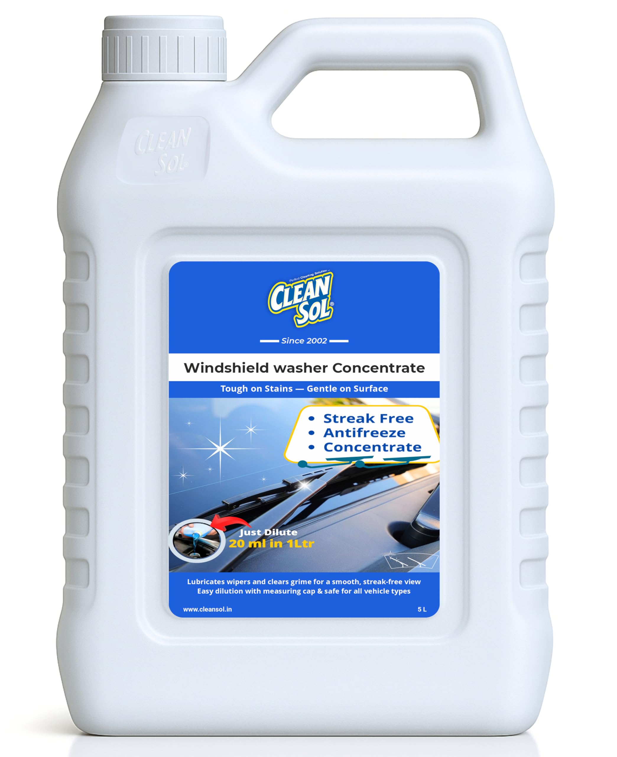 Cleansol Premium Windshield Washer Fluid Concentrate | 20mL Makes 1L | Anti-Freeze Formula | Streak-Free Shine | Includes Measuring Cap | Safe for All Cars - 5 Litre