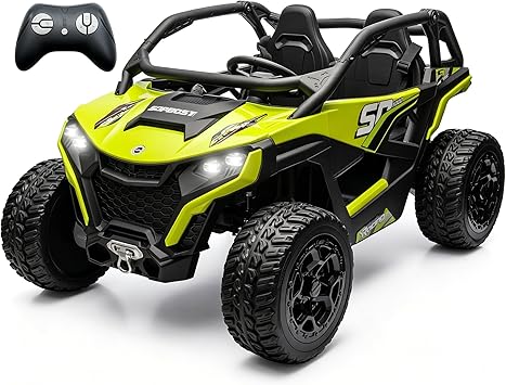sopbost XL 24V Real 2-Seater Kids UTV 5MPH Ride On Car with 4x200W Motors for Kids 3-8 w/Remote Control, Bluetooth Music, 4 Spring Suspension, 21.85" Spacious Seat - Green
